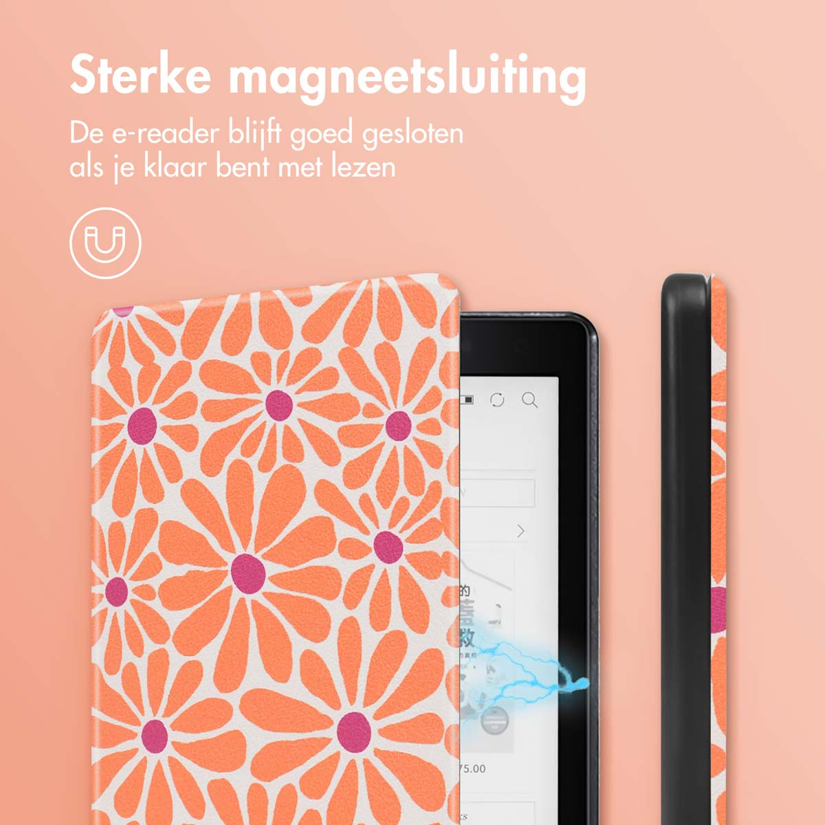 Orange floral pattern tablet cover, open, with text and a magnetic closure.