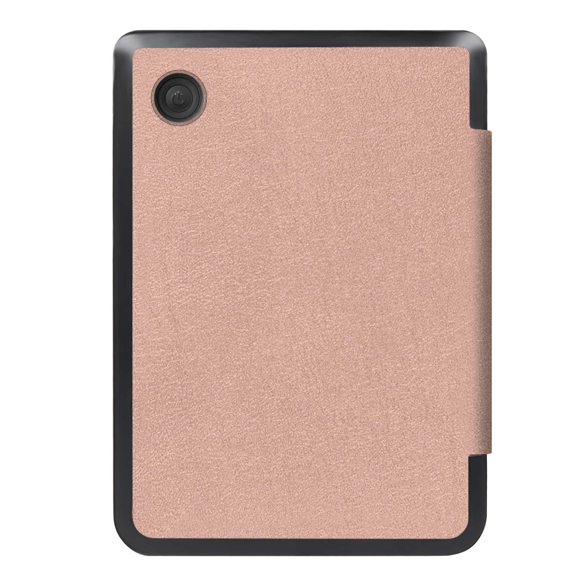 Tablette or rose avec cadre noir et caméra. Côté ouvert pour la couverture.