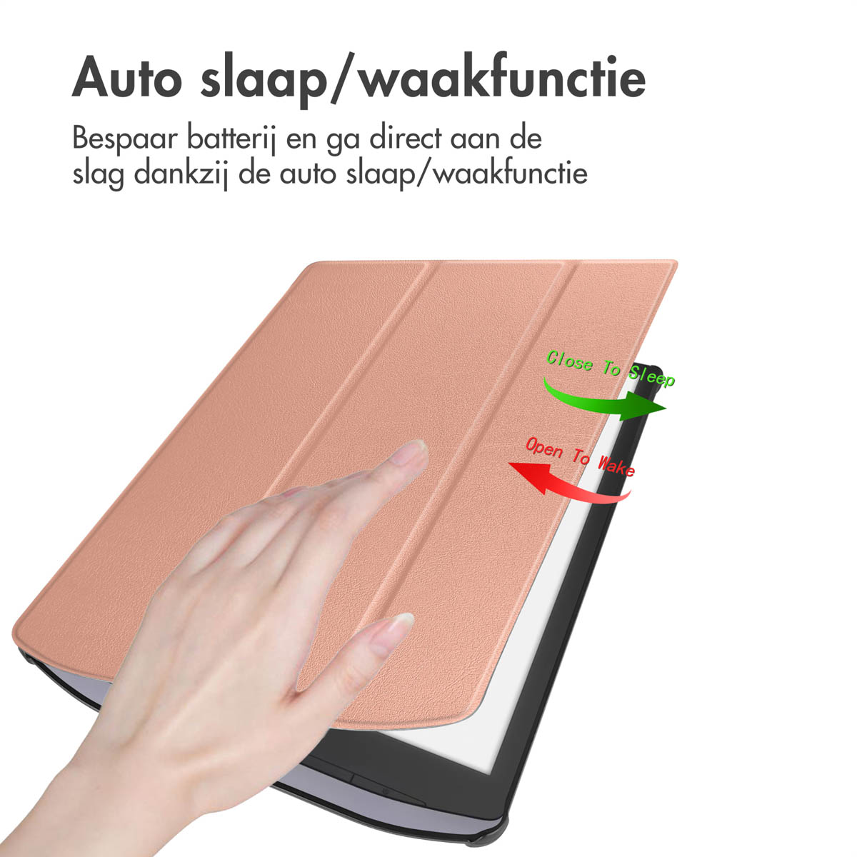Une main touche une housse de tablette rose, avec du texte et des flèches indiquant les fonctions veille/réveil.
