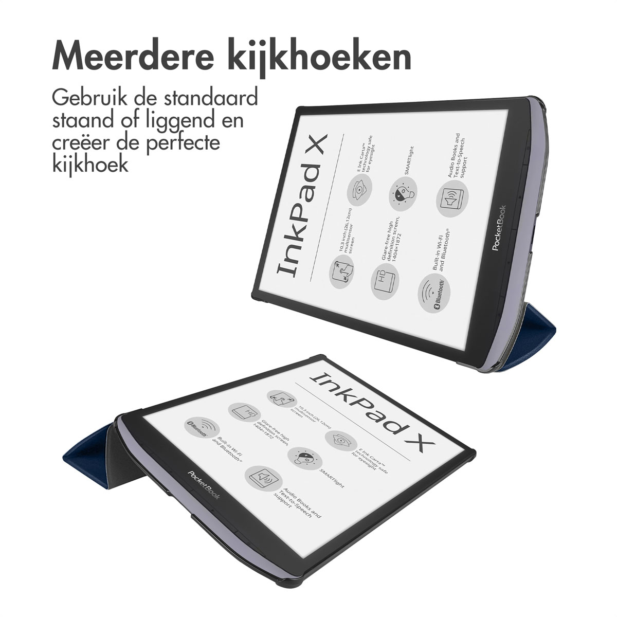 Deux liseuses avec du texte sur les fonctionnalités. Elles sont grises et bleues avec le nom InkPad X.