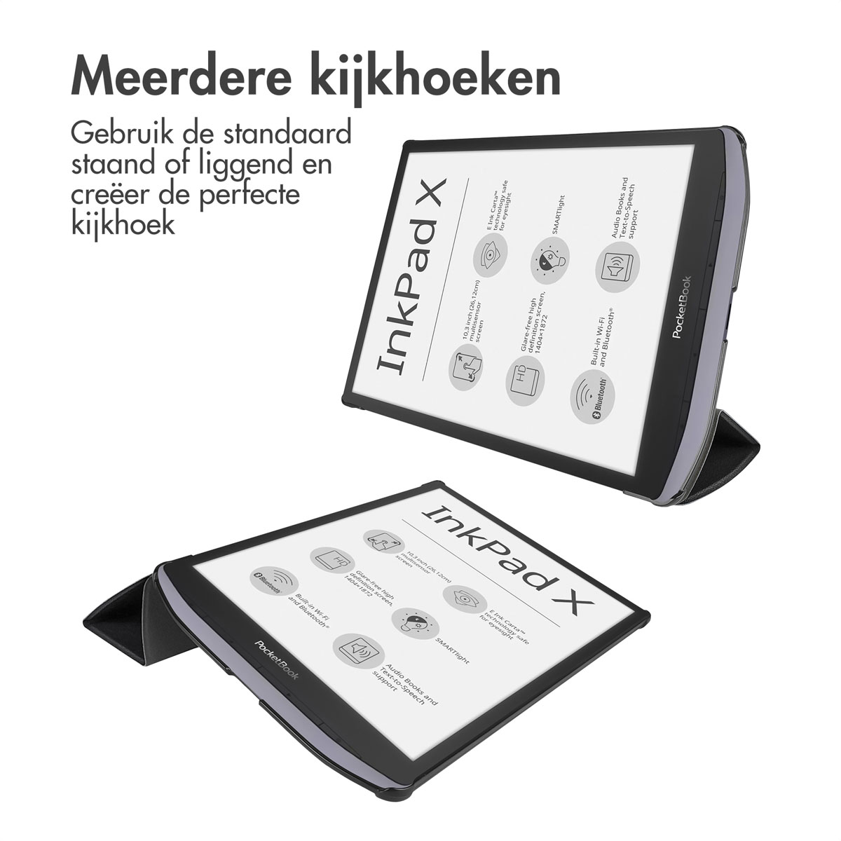 Tablette noire avec texte, sous deux angles différents. La tablette repose sur une surface.