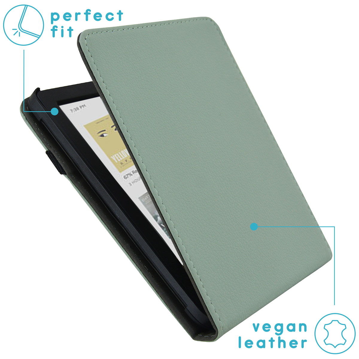 An e-reader in a green case. The case is open, showing the screen. The case is labeled vegan leather.