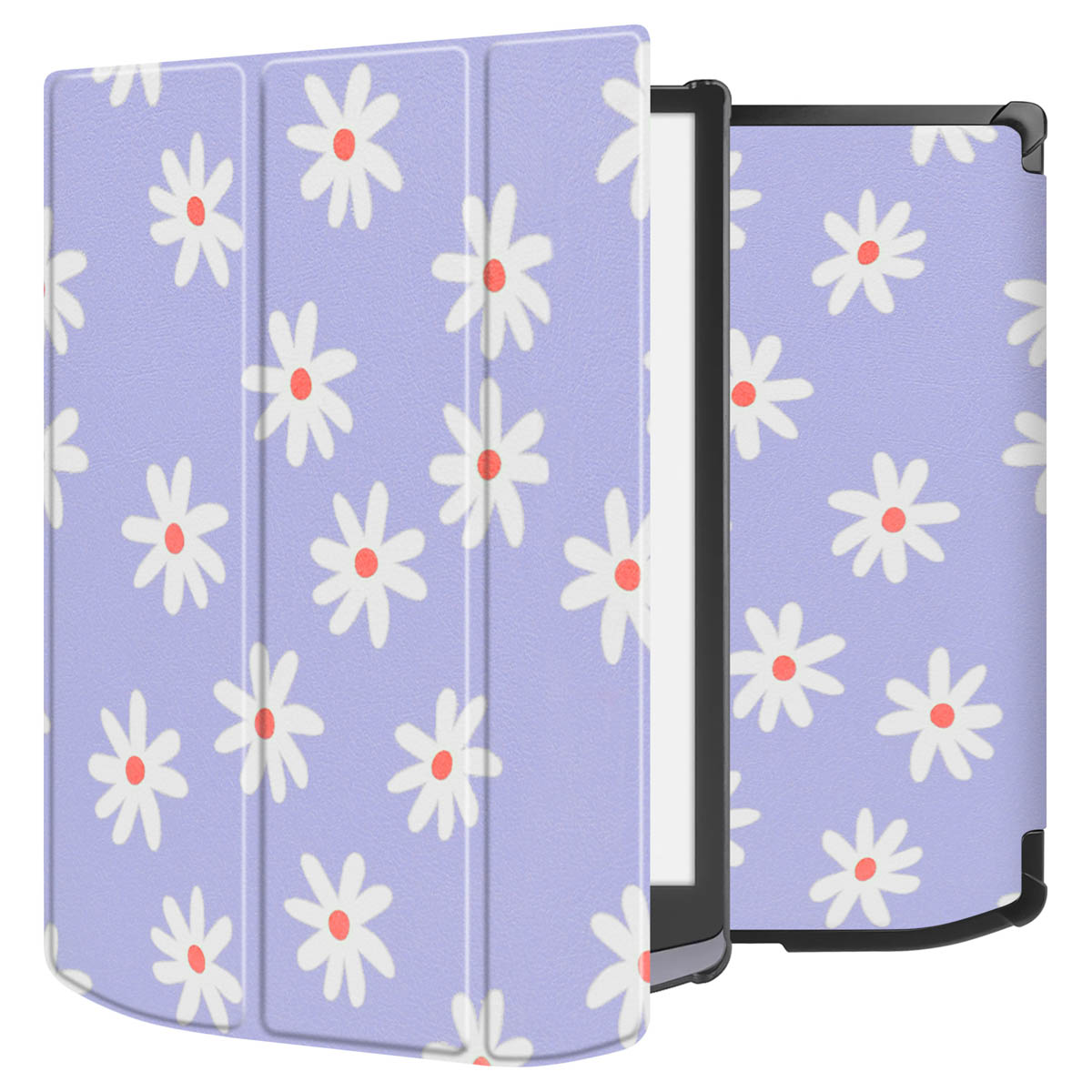 Lila hoes met madeliefpatroon, open om een zwart e-reader scherm te tonen.