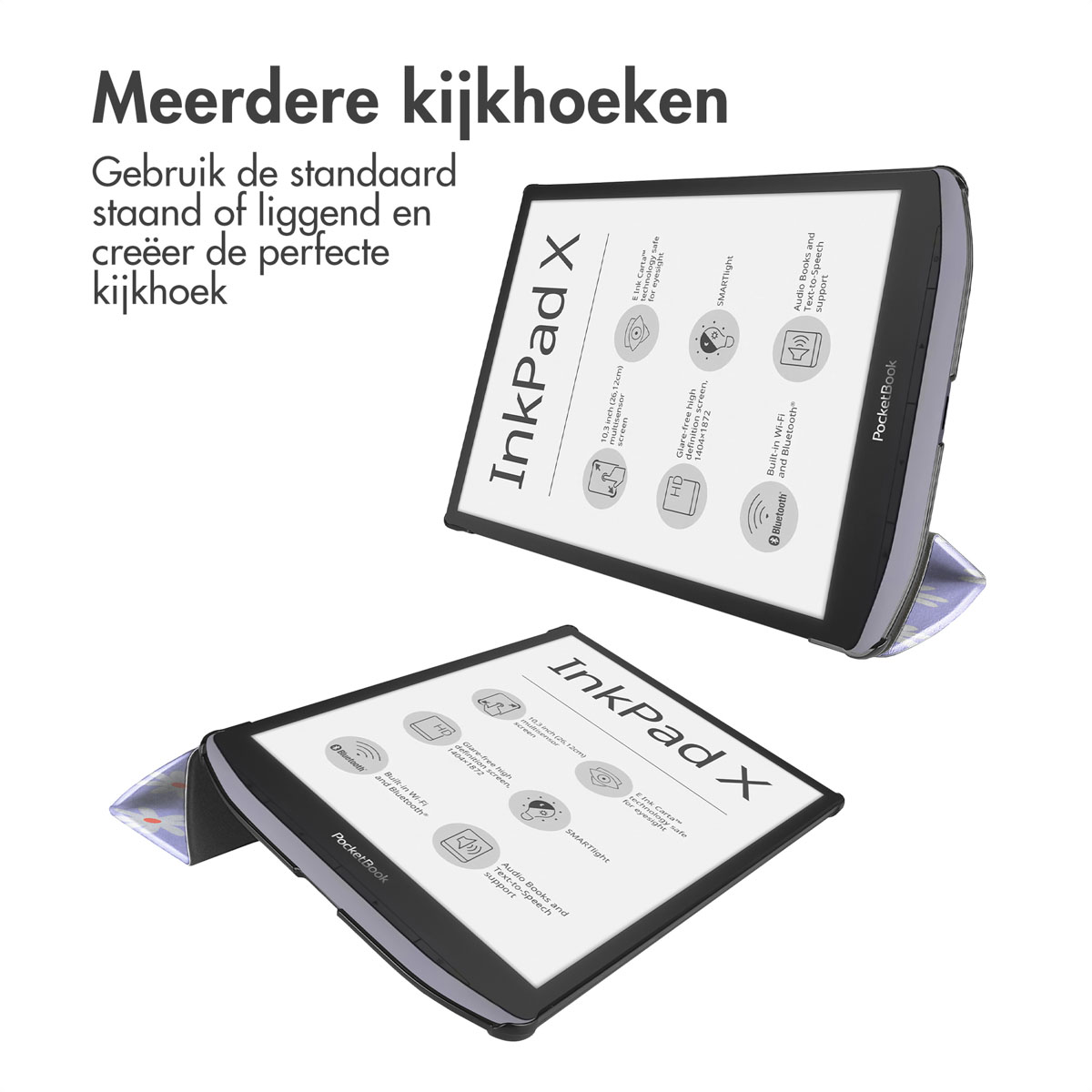 Twee e-readers open, tonen het scherm. Meerdere kijkhoeken.