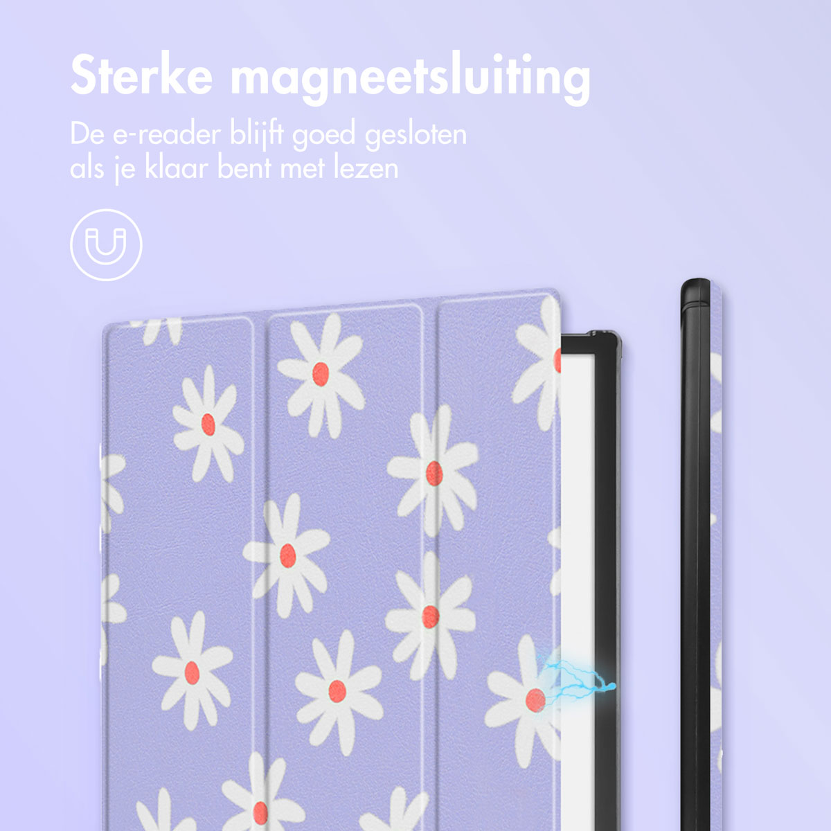 Een e-reader met een lavendelkleurige cover met witte madeliefjes. Een bliksemschicht toont de magnetische sluiting.