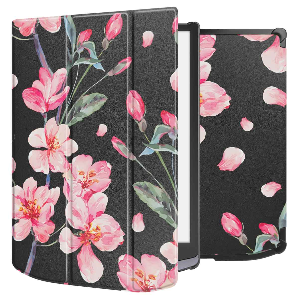 Een e-reader met een zwarte cover met roze bloemen. De cover is open.