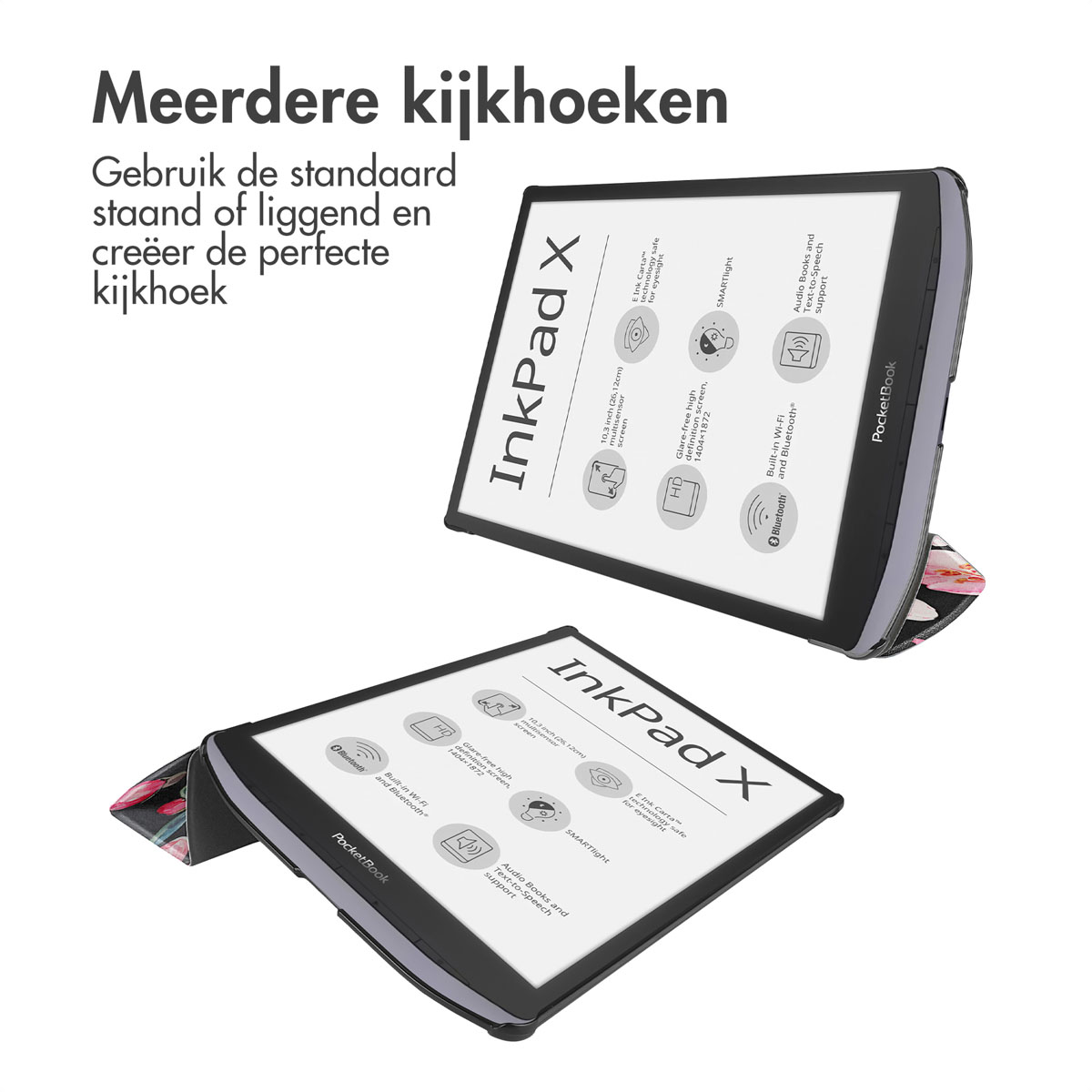 Twee PocketBook e-readers, één open, met tekst over functies, op een bloemenprint.