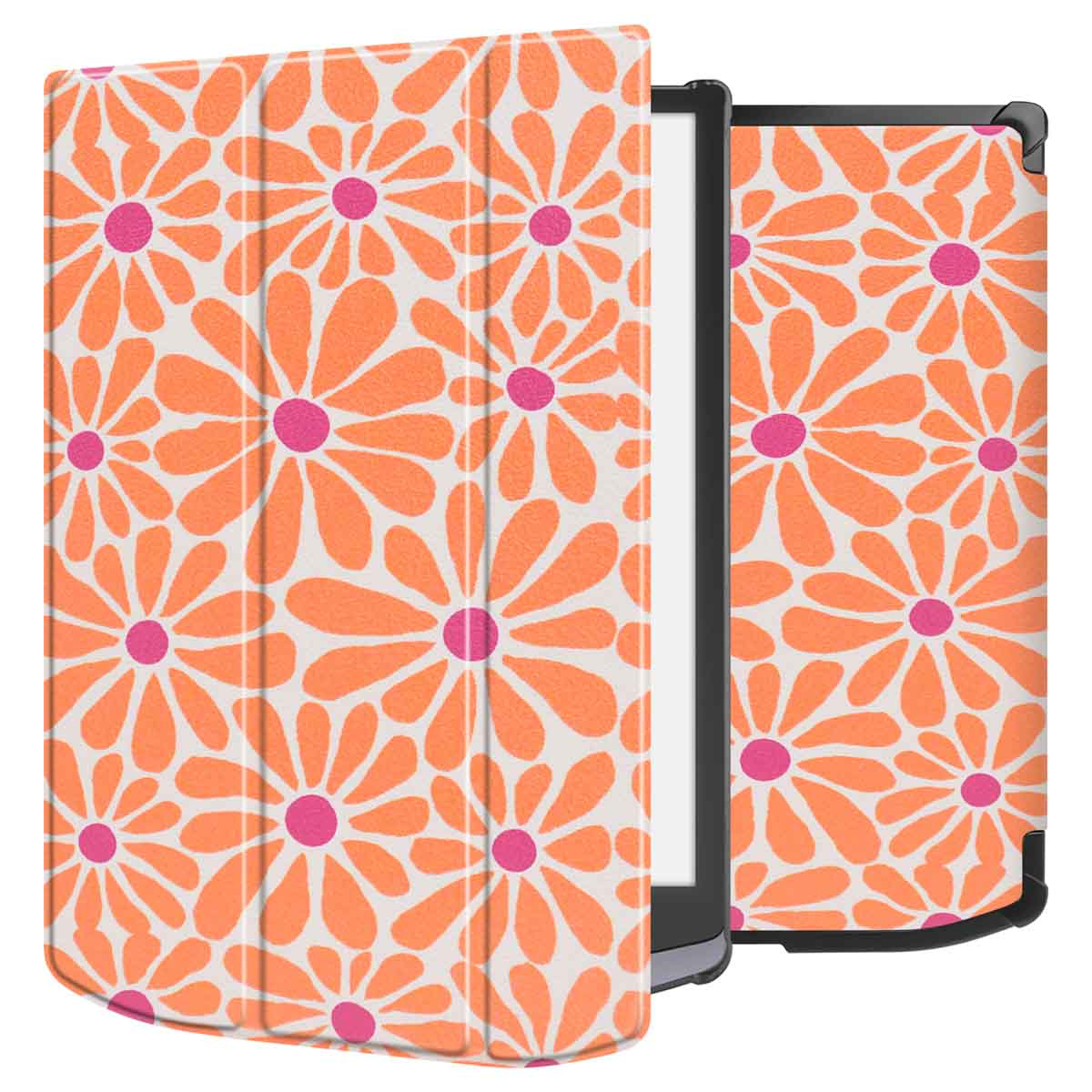 E-reader met open cover met oranje bloemenpatroon, met het apparaat.
