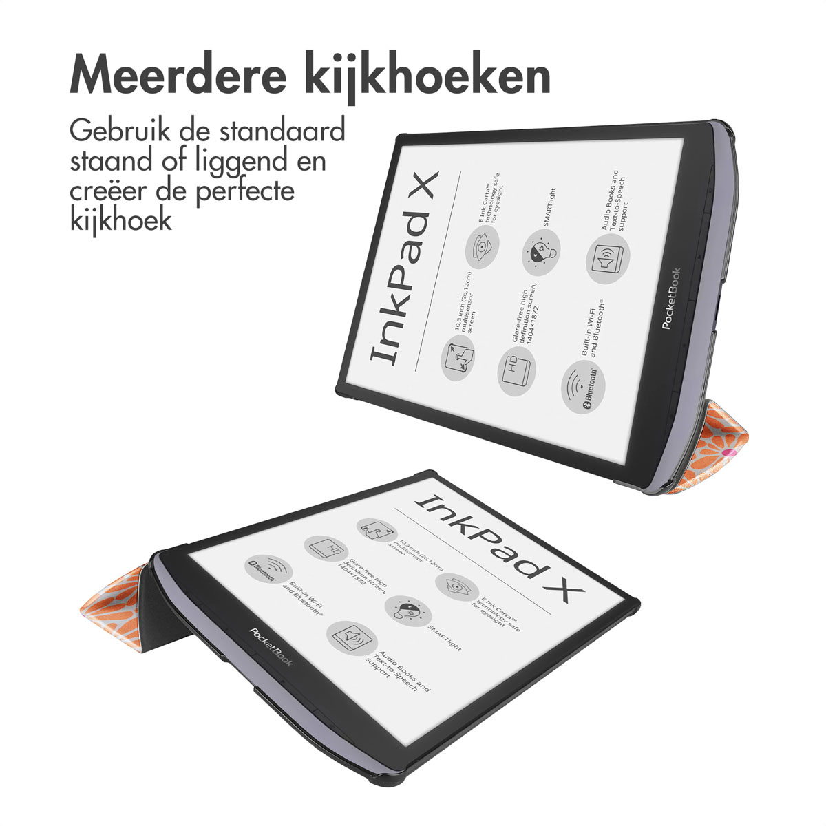 InkPad X e-reader in twee posities, met standaard. Toont verschillende kijkhoeken.