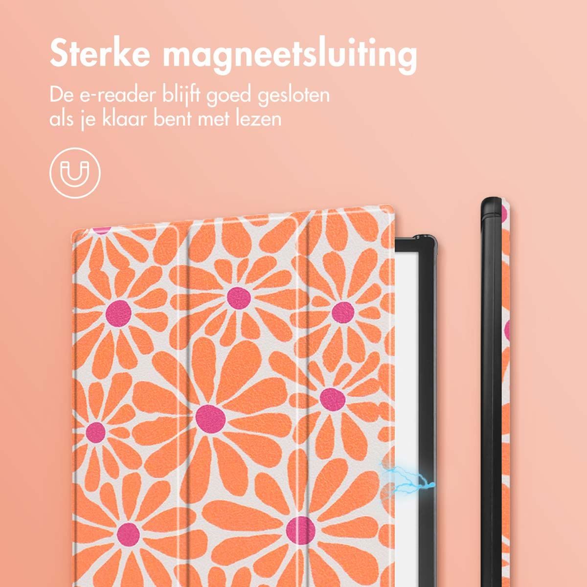 Een oranje bloemen e-reader hoesje met magnetische sluiting. De achterkant en zijkant van de hoes worden getoond.
