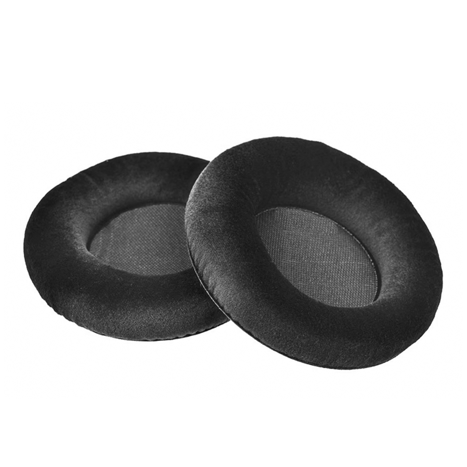 Zwei schwarze, oval geformte Ohrpolster für Kopfhörer, auf weißer Oberfläche.