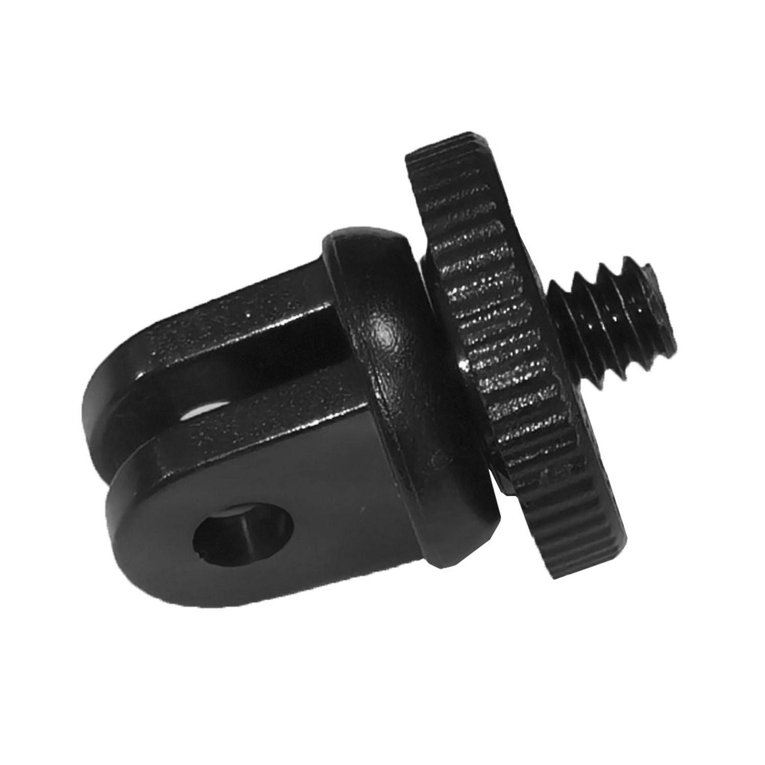 Black accessory with a screw and a slot. It is a mount for a camera or device.