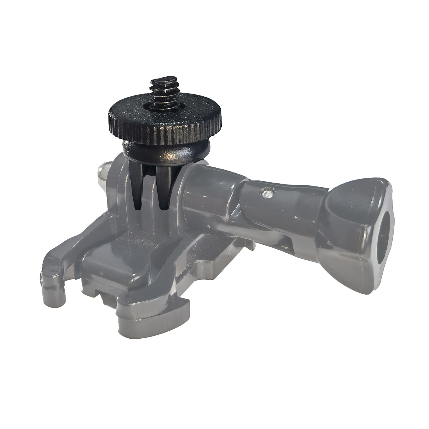 Black action camera mount with screw. It has a gray base with a screw and is isolated.