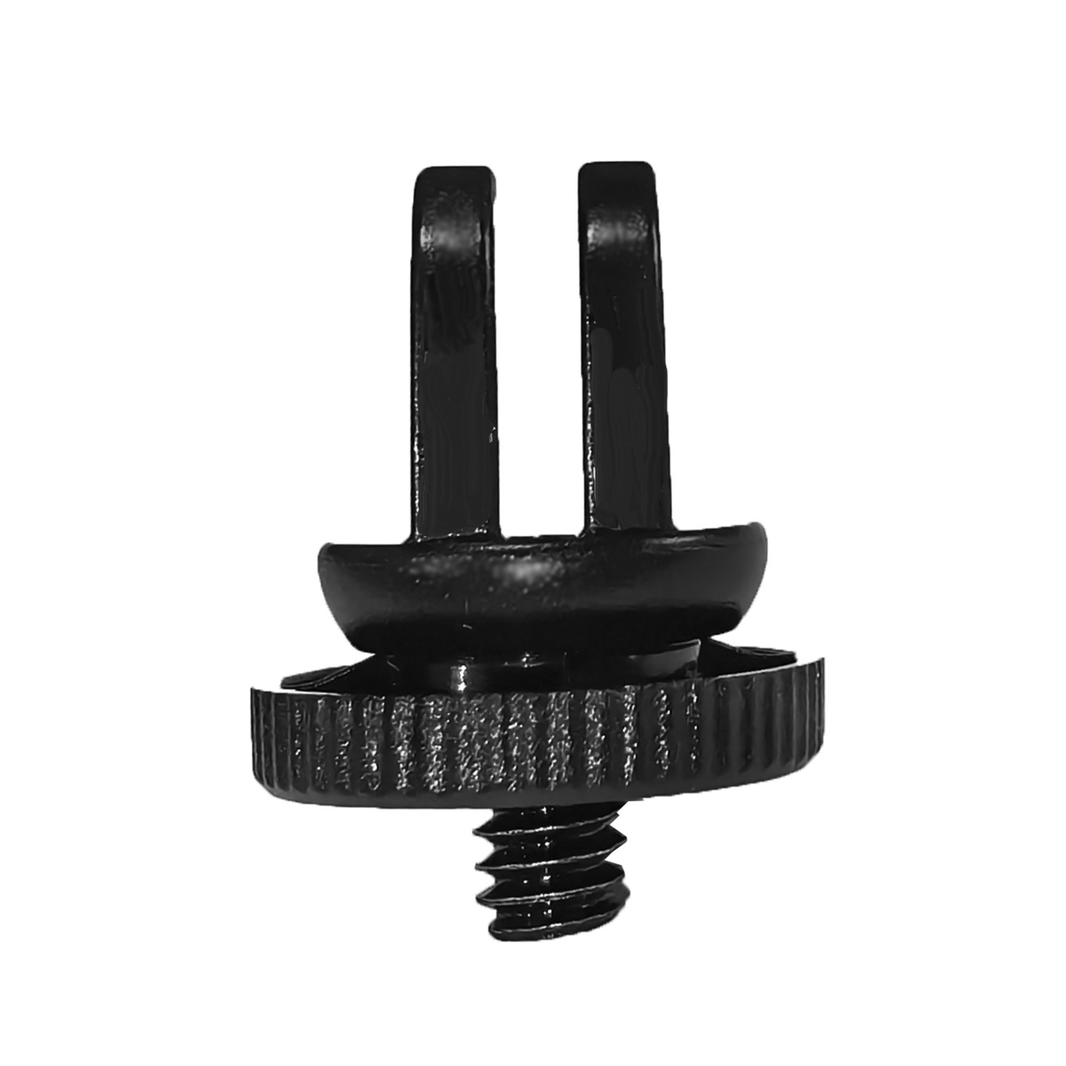 Black metal camera mount screw with two vertical prongs.