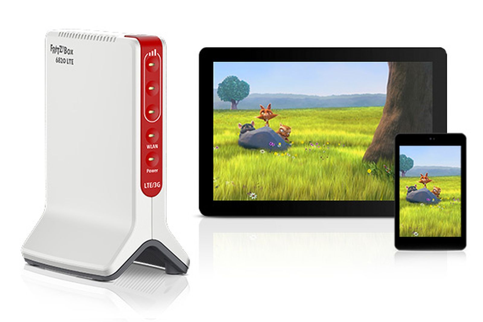 Ein weißer und roter Router mit einem Tablet und einem Telefon, das einen Cartoon mit Tieren auf einem Felsen zeigt.