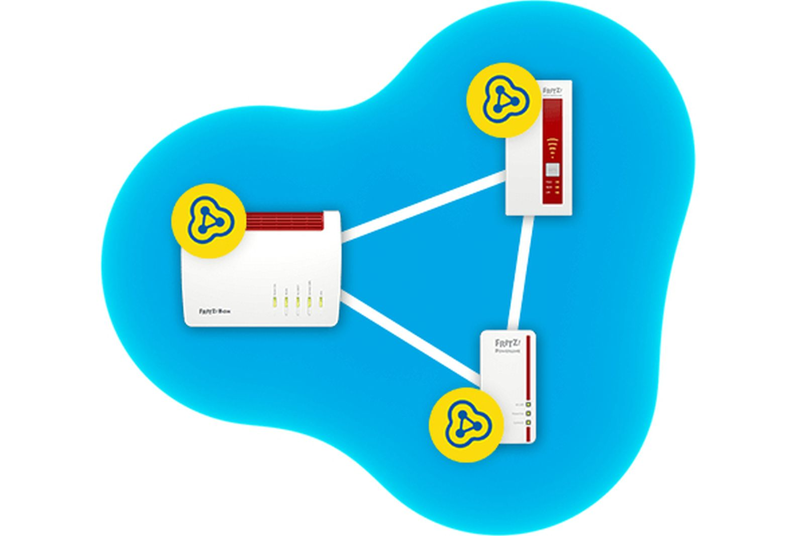 Diagramm von miteinander verbundenen Routern. Drei Router in einer blauen Form. Weiße Linien verbinden sie.