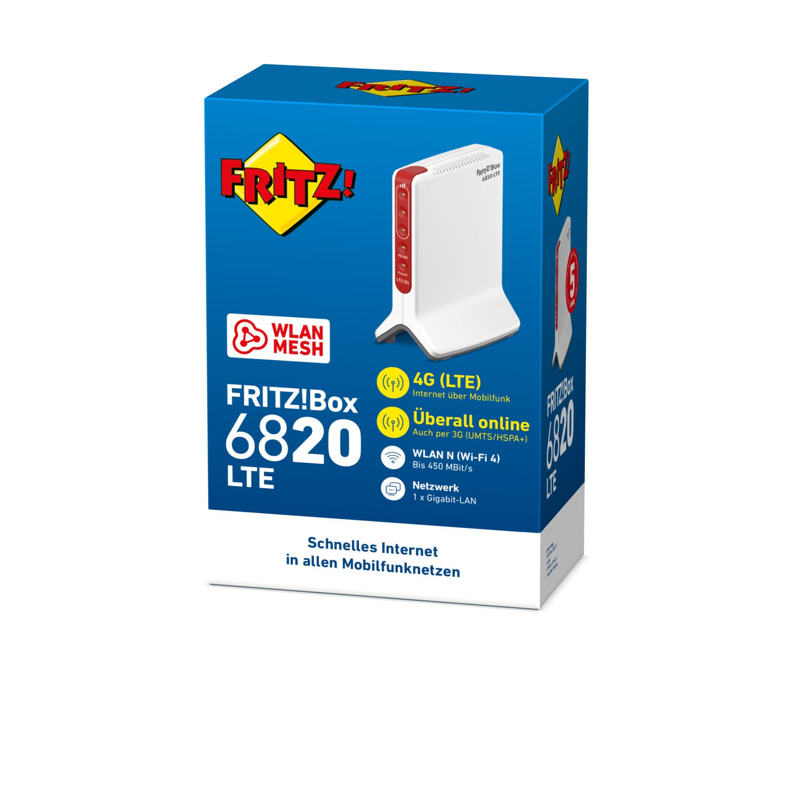 Eine Schachtel für ein weiß-rotes Modem mit dem 'Fritz!'-Logo und technischen Spezifikationen.