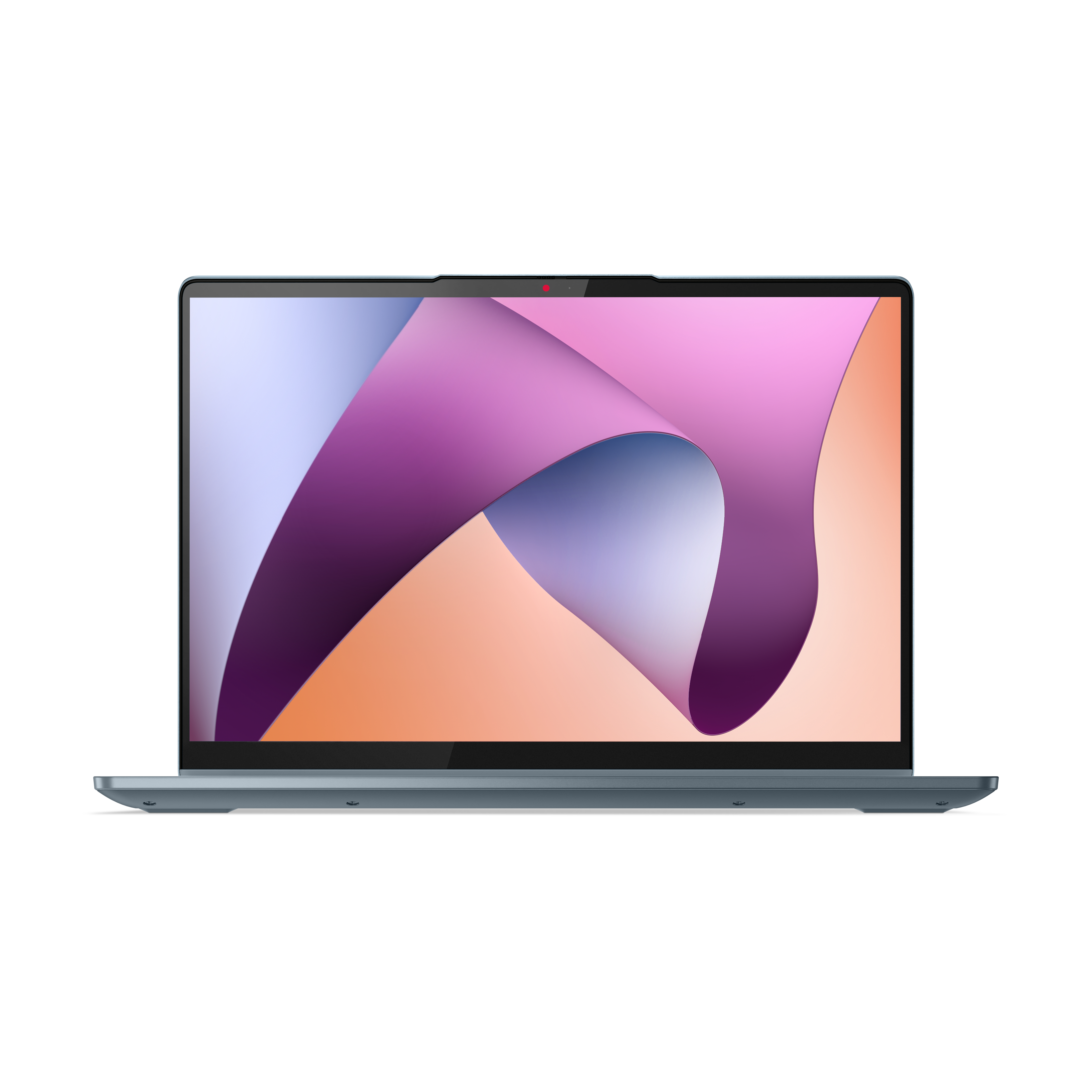 Un portátil cerrado sobre un fondo blanco. La pantalla muestra un diseño abstracto colorido.