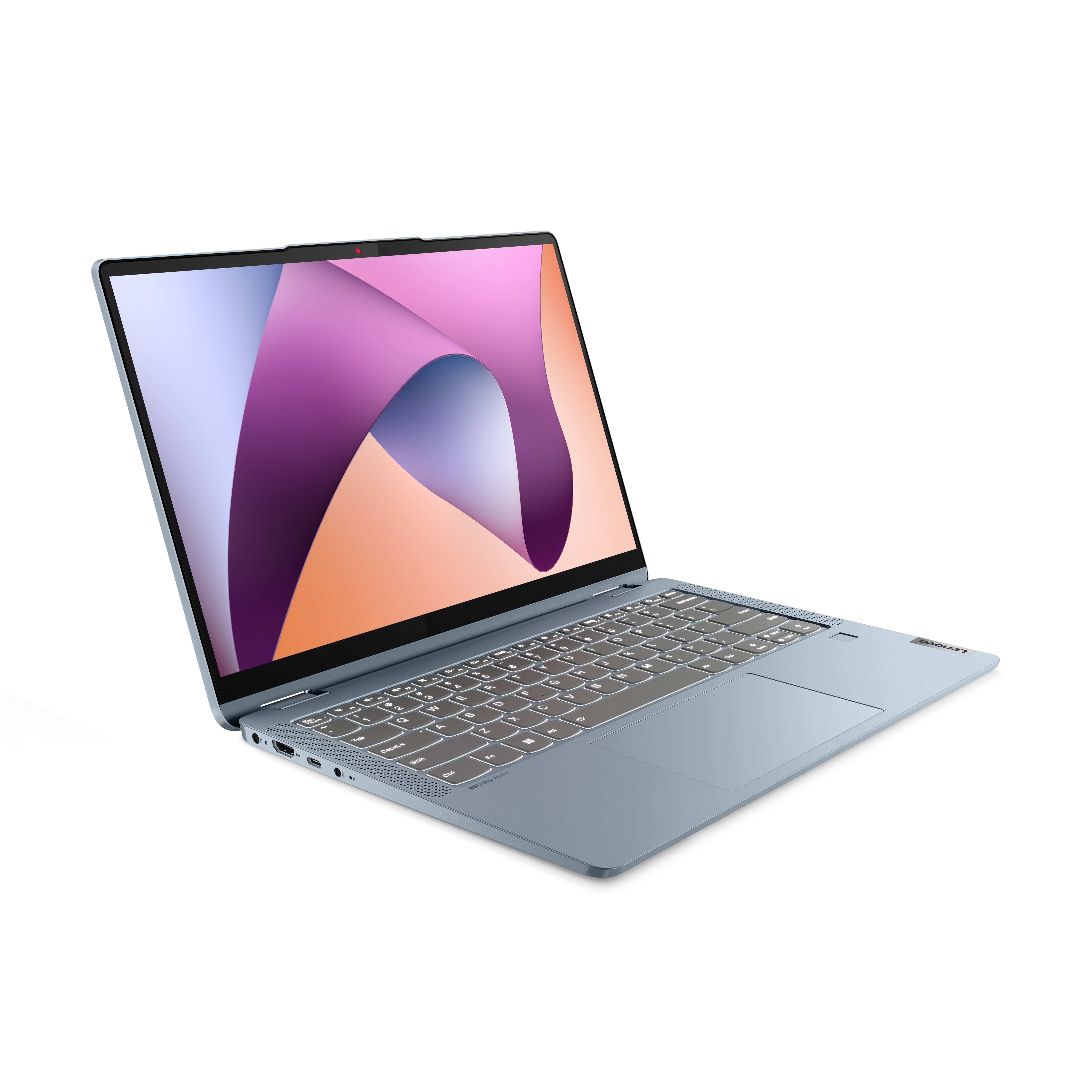 Ordenador portátil azul abierto sobre una superficie blanca; pantalla con diseño morado y naranja.