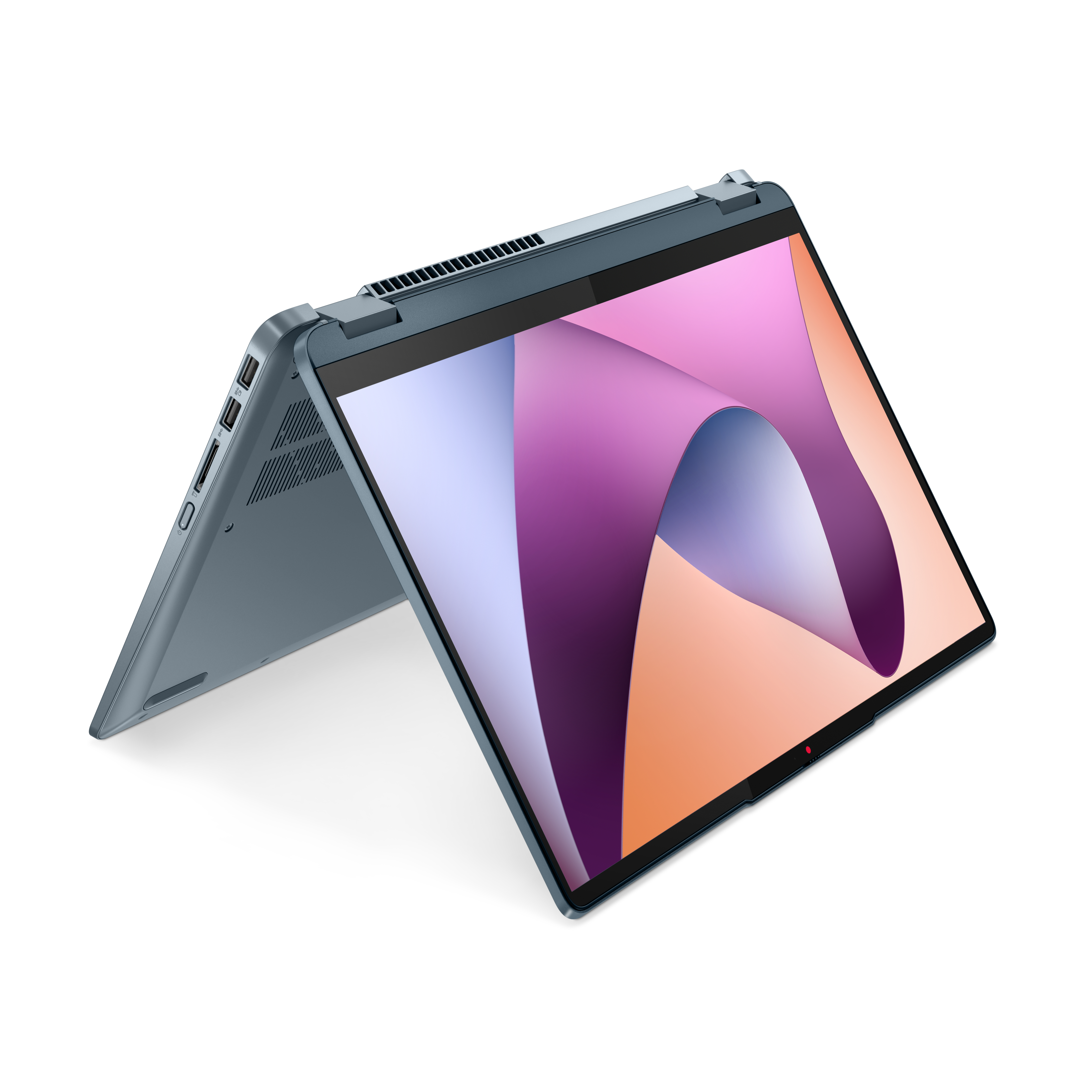 Un portátil azul abierto, en ángulo sobre una superficie blanca. La pantalla muestra un diseño abstracto rosa y naranja.