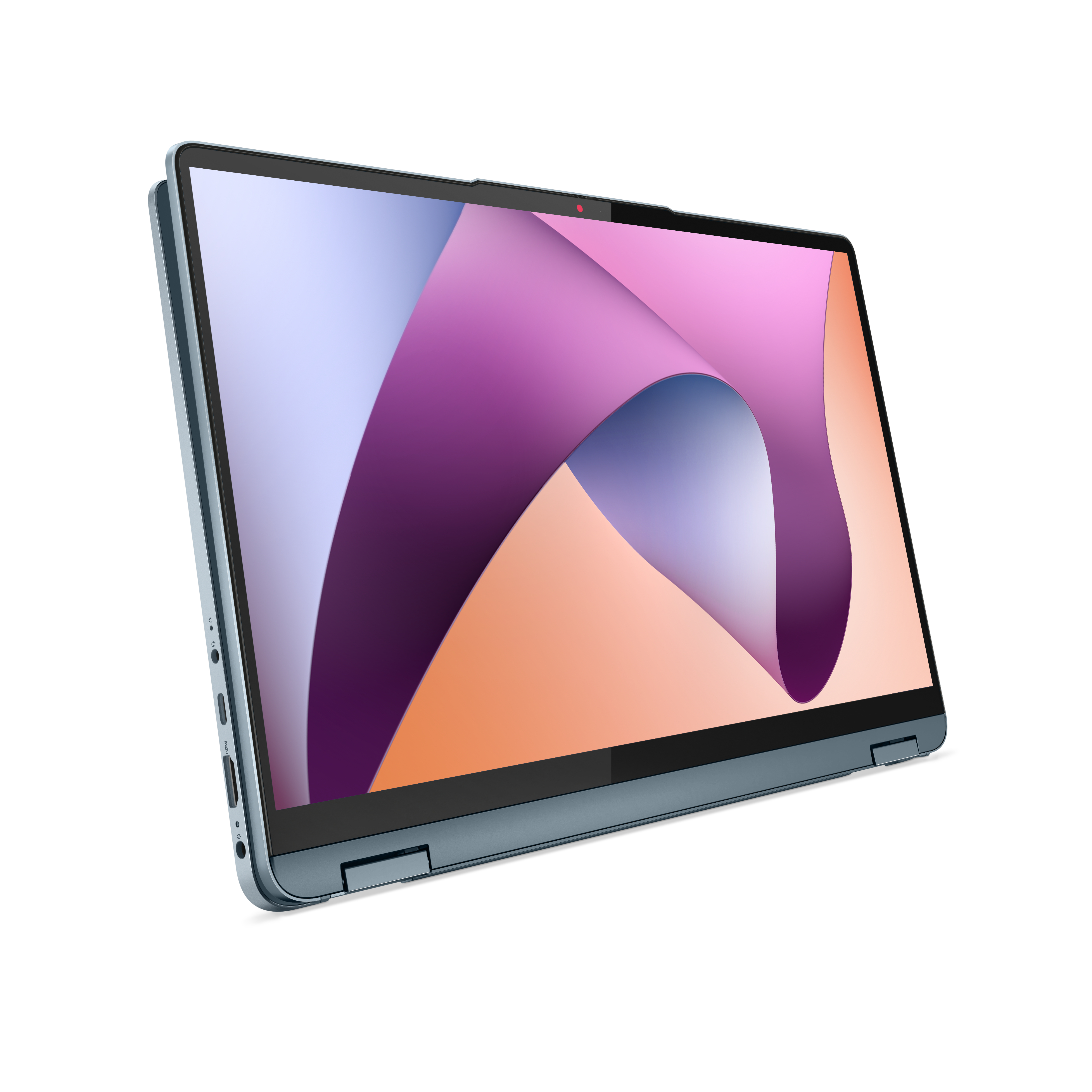 Una computadora portátil azul con una pantalla rosa y naranja. La computadora portátil está abierta.