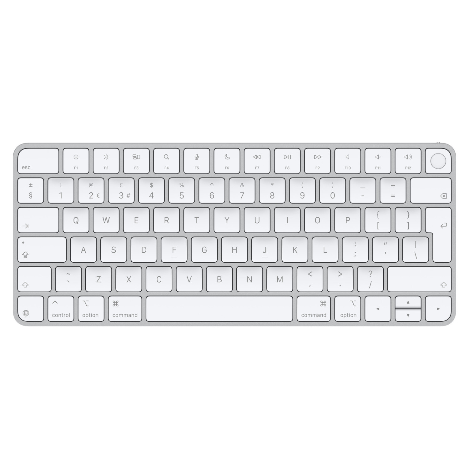Tastiera Apple bianca con molti tasti, tra cui funzione, numeri, lettere e comandi.