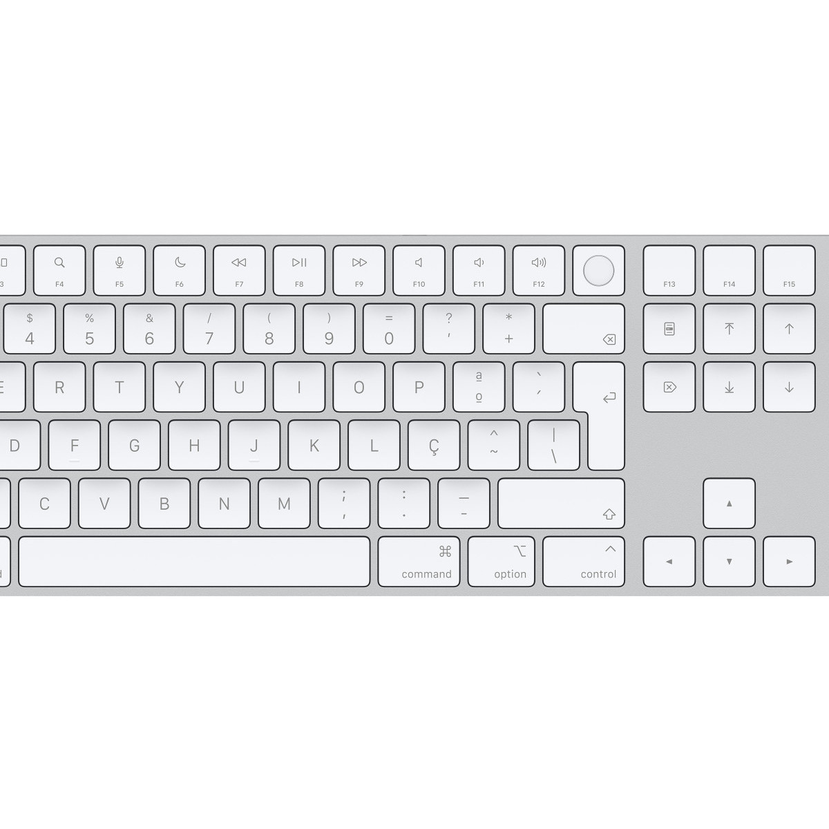 Srebrna klawiatura Apple z białymi klawiszami, pokazująca różne symbole i litery.