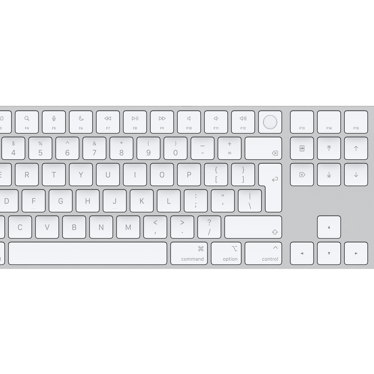 Srebrna klawiatura z białymi klawiszami. Układ zawiera klawisze funkcyjne, numery i klawisze poleceń.