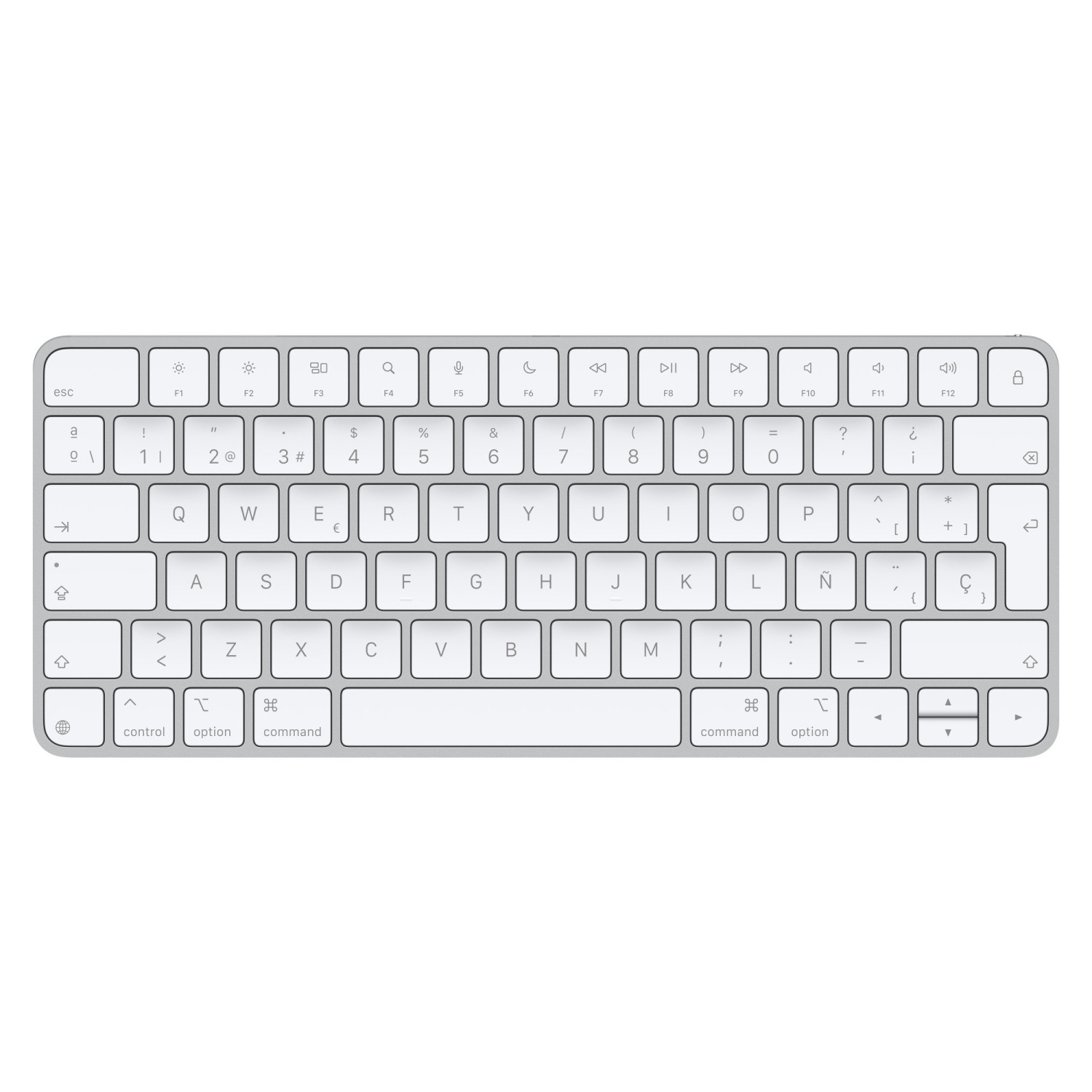 Weißes Apple Magic Keyboard mit Tasten und Symbolen. Draufsicht, isoliert.