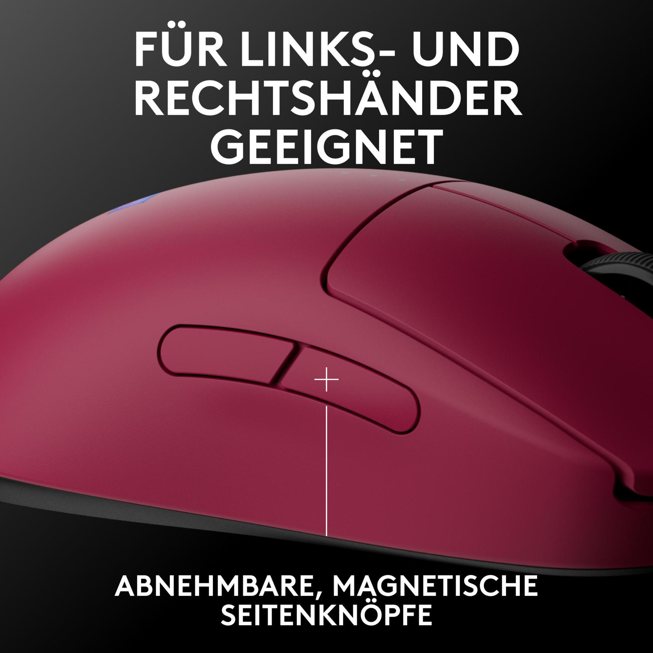 Czerwona mysz z bocznymi przyciskami. Tekst: Odpowiednia dla lewo- i praworęcznych. Zdejmowane przyciski boczne.