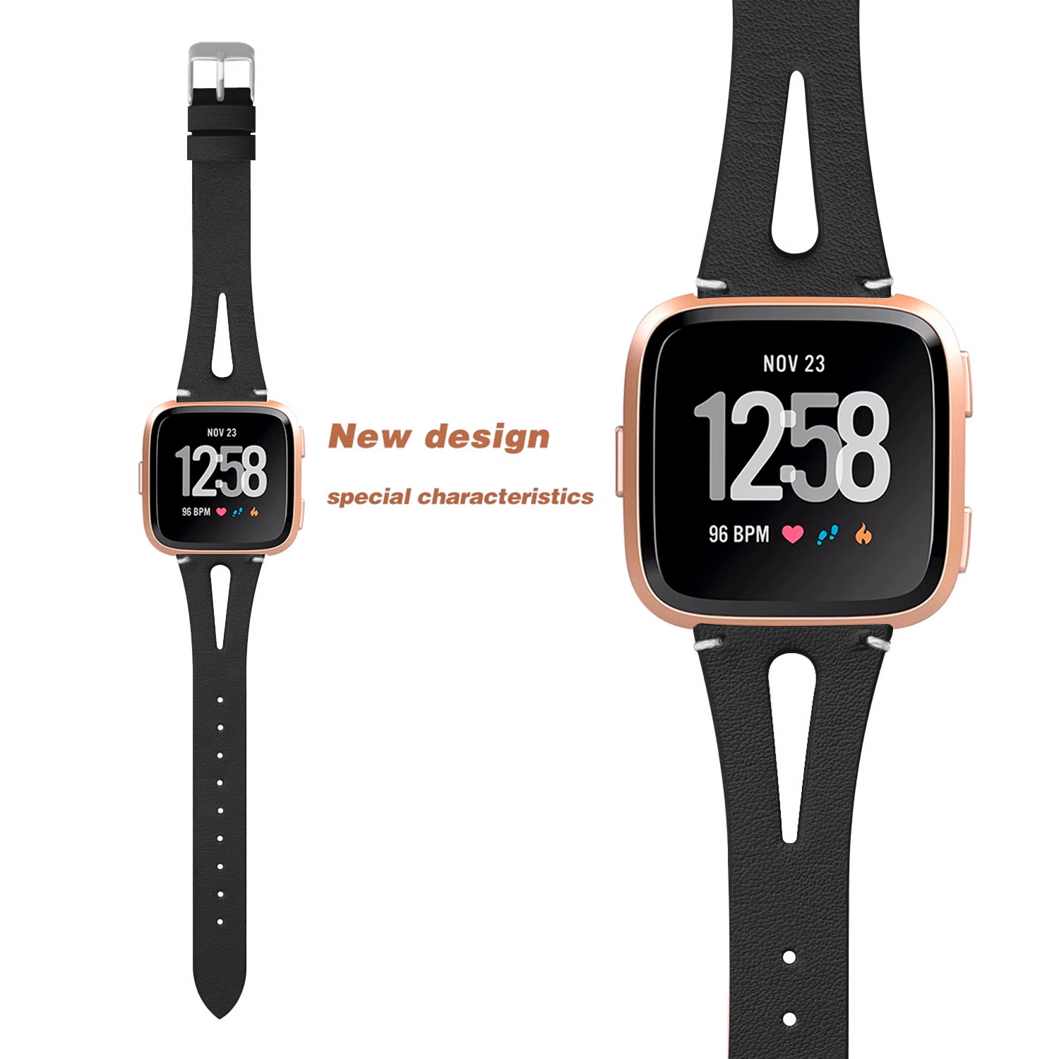 Smartwatch z czarnym paskiem i różowo-złotą obudową, wyświetlający czas i dane zdrowotne. Białe tło.