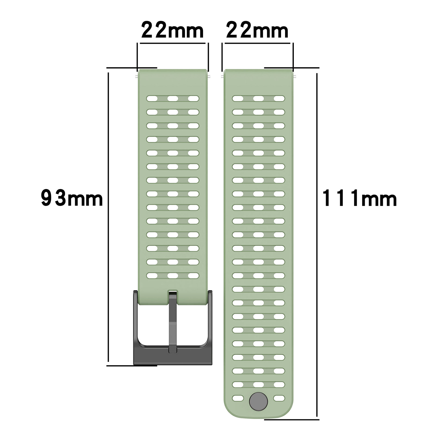 Abmessungen des Uhrenarmbands: 93 mm und 111 mm Länge, 22 mm Breite.