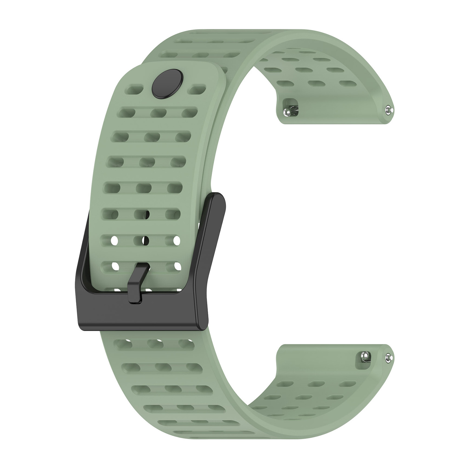Ein olivgrünes Uhrenarmband mit schwarzer Schnalle und Löchern für Atmungsaktivität. Das Armband ist gebogen.