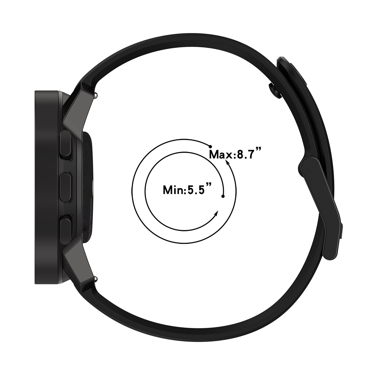 Schwarze Uhr mit schwarzem Armband. Zeigt Messungen: Min: 5,5", Max: 8,7". Das Armband umrundet die Uhr.