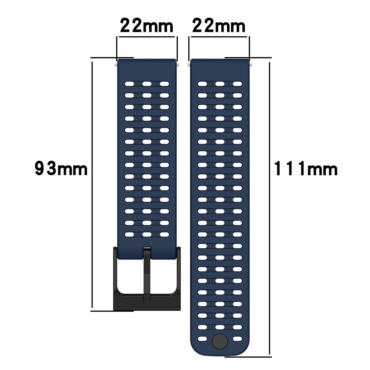 Dwa granatowe paski do zegarka z wymiarami. Tło: biała, czysta powierzchnia.