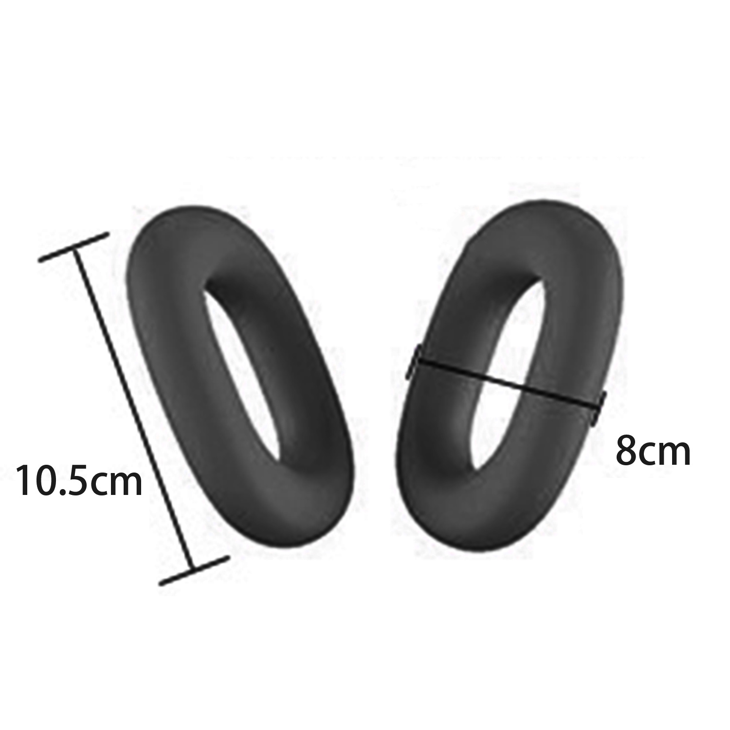 Zwei schwarze Silikonringe. Einer misst 10,5 cm x 8 cm. Weißer Hintergrund.