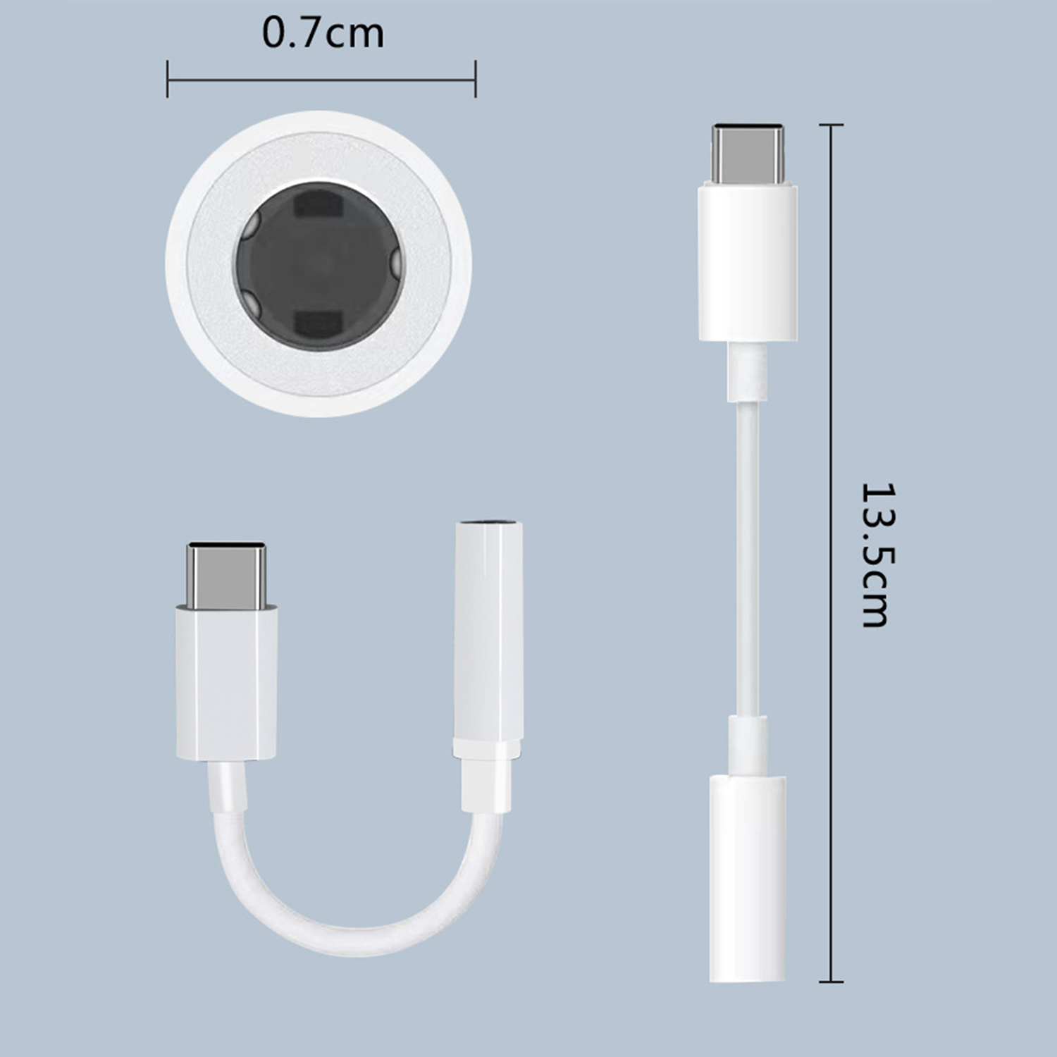 Un adattatore audio da USB-C a 3,5 mm bianco con le misure delle dimensioni dell'adattatore.