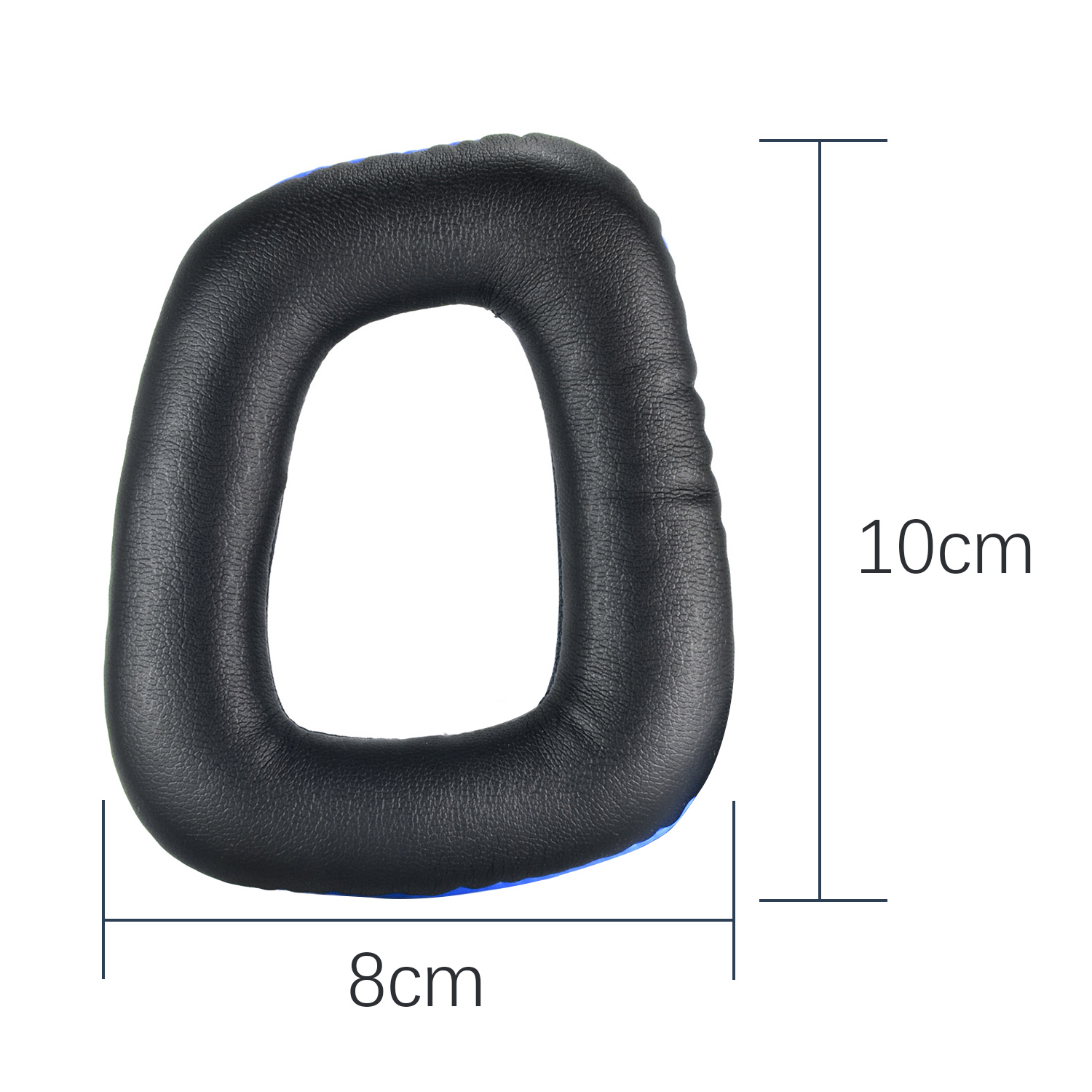 Schwarzes Kopfhörer-Ohrpolster. Es ist oval geformt mit blauer Einfassung und misst 10 cm hoch und 8 cm breit.