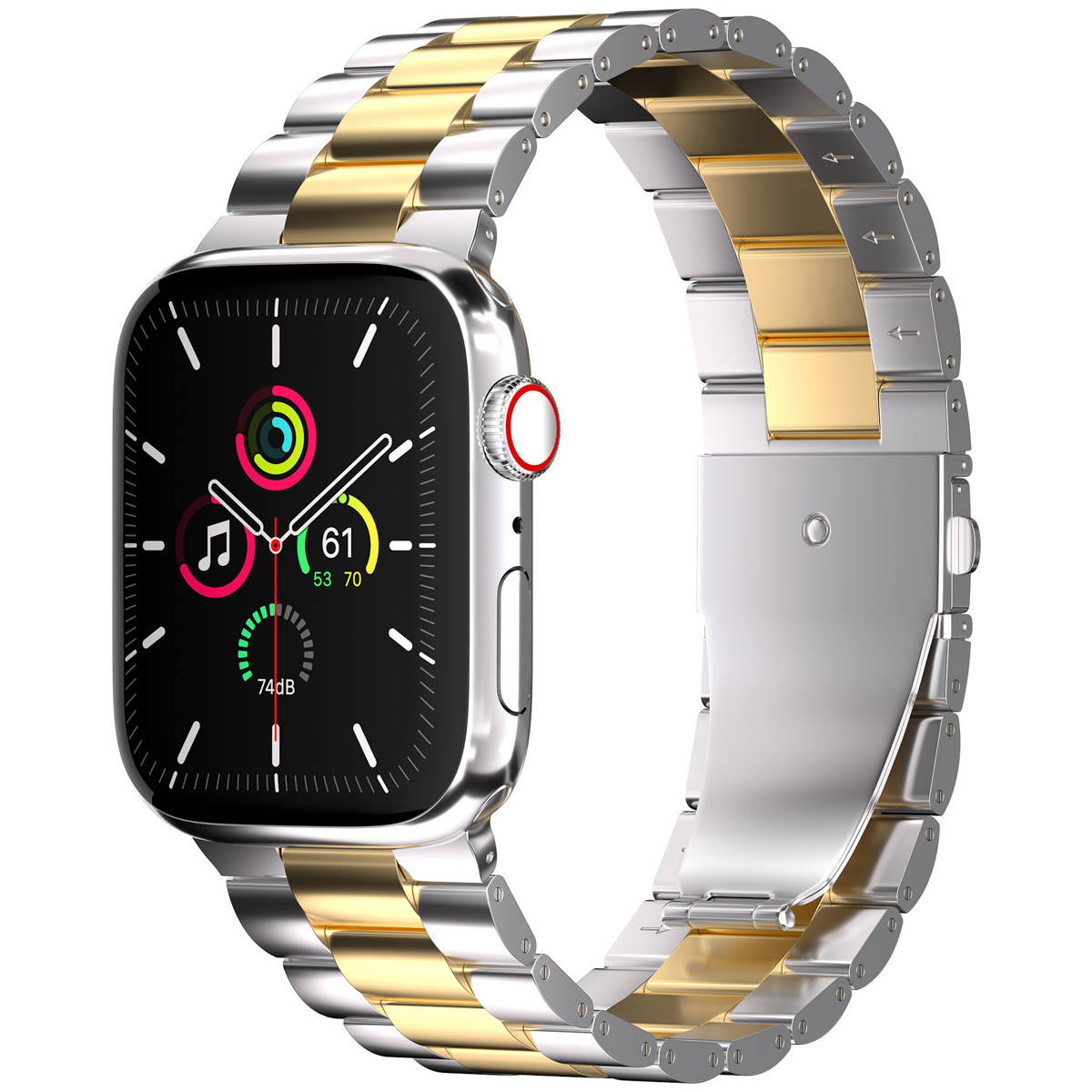 A silver and gold watch with a silver and gold strap is shown. The watch face shows data.