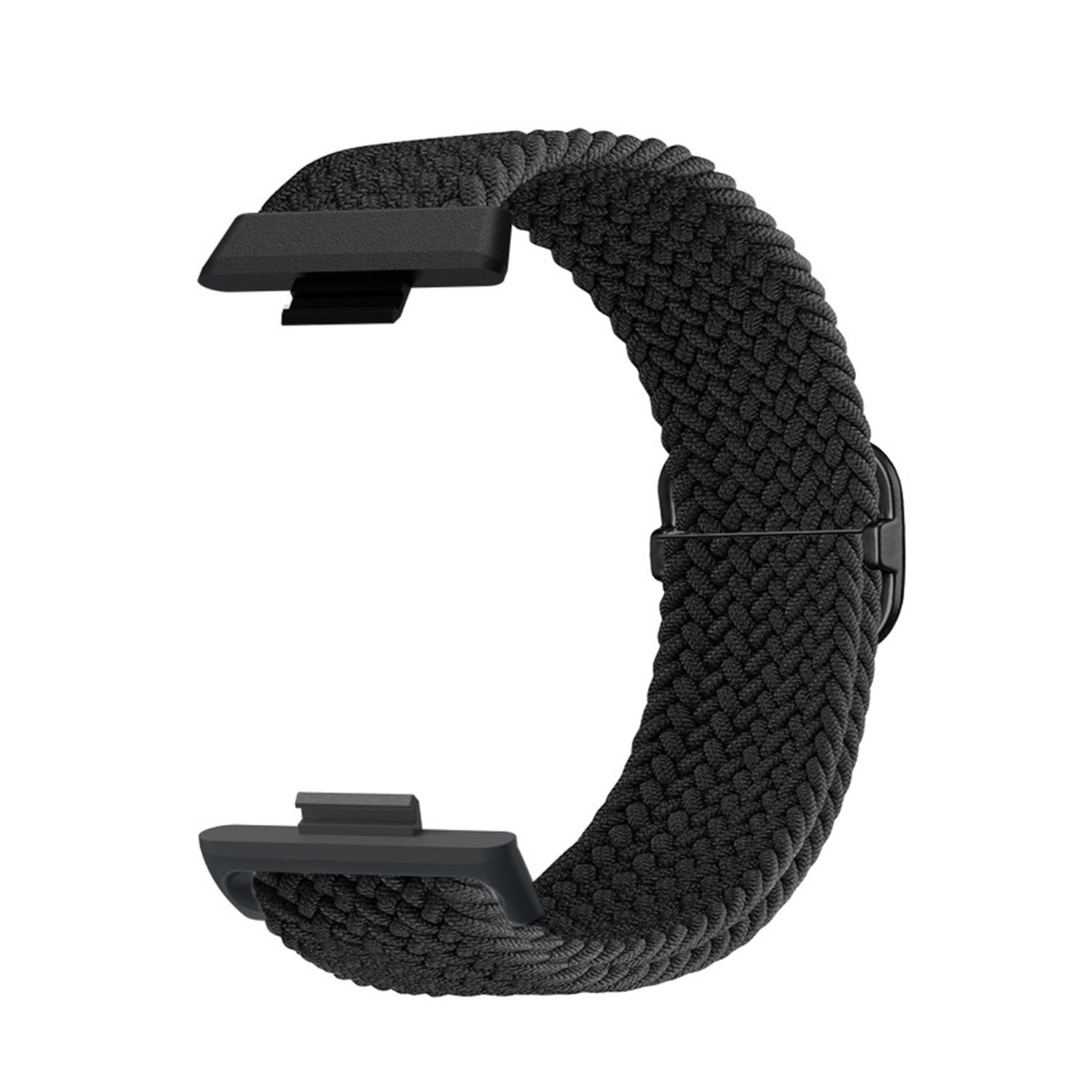 Czarny pleciony pasek do zegarka. Ma okrągły kształt z zapięciem.