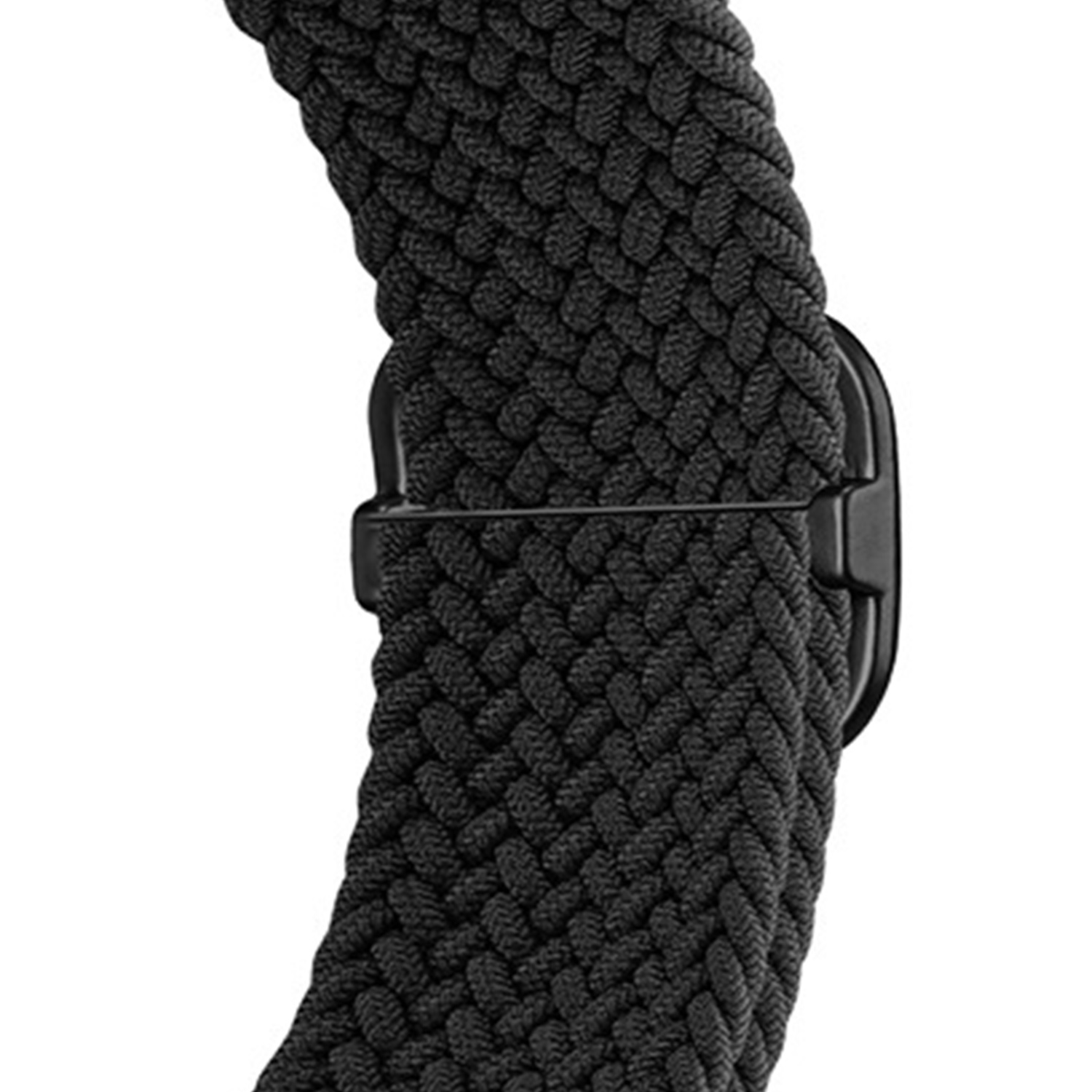 Zbliżenie czarnej, tkanej elastycznej opaski z czarną klamrą.