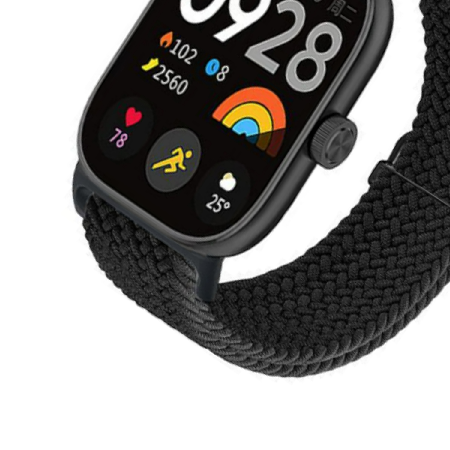 Zbliżenie czarnego smartwatcha z czarnym plecionym paskiem. Ekran wyświetla czas, statystyki i ikonę tęczy.