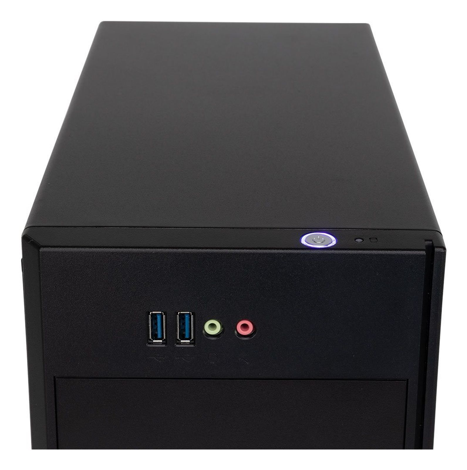 Ein schwarzes Computergehäuse mit USB-Anschlüssen und Audiobuchsen.