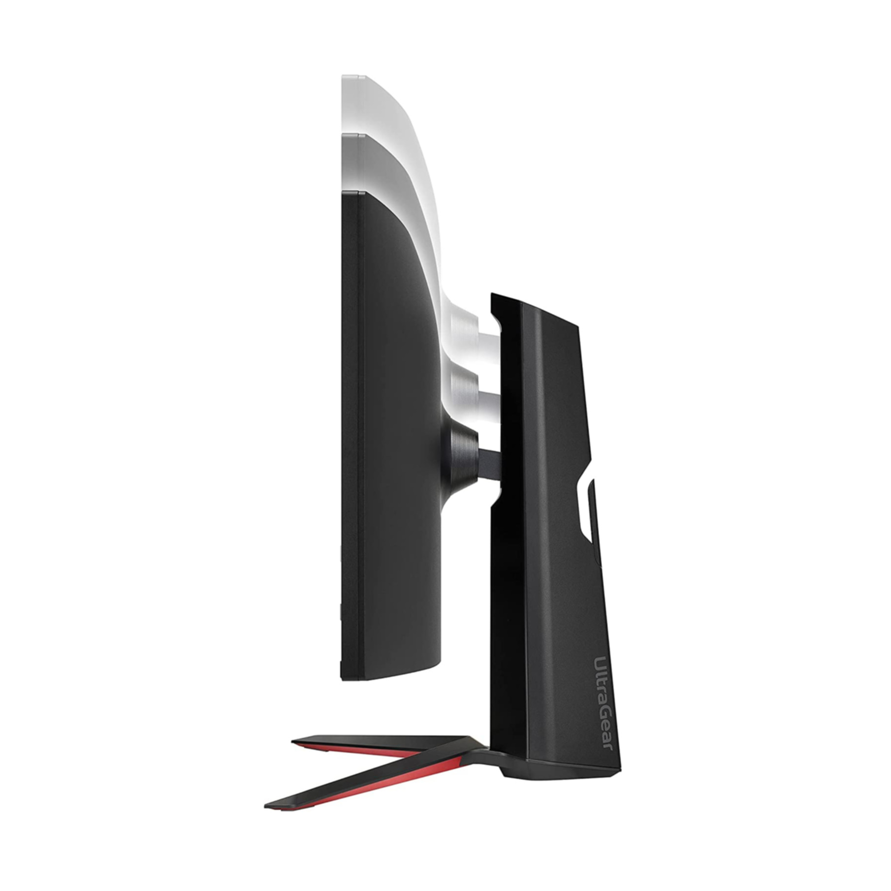 Czarny monitor komputera widziany z boku, z czerwonym stojakiem.