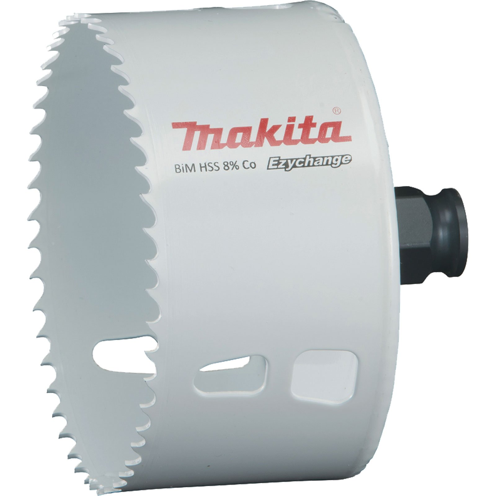 Una sega a tazza Makita bianca con testo rosso. La sega ha una base nera e denti argentati.