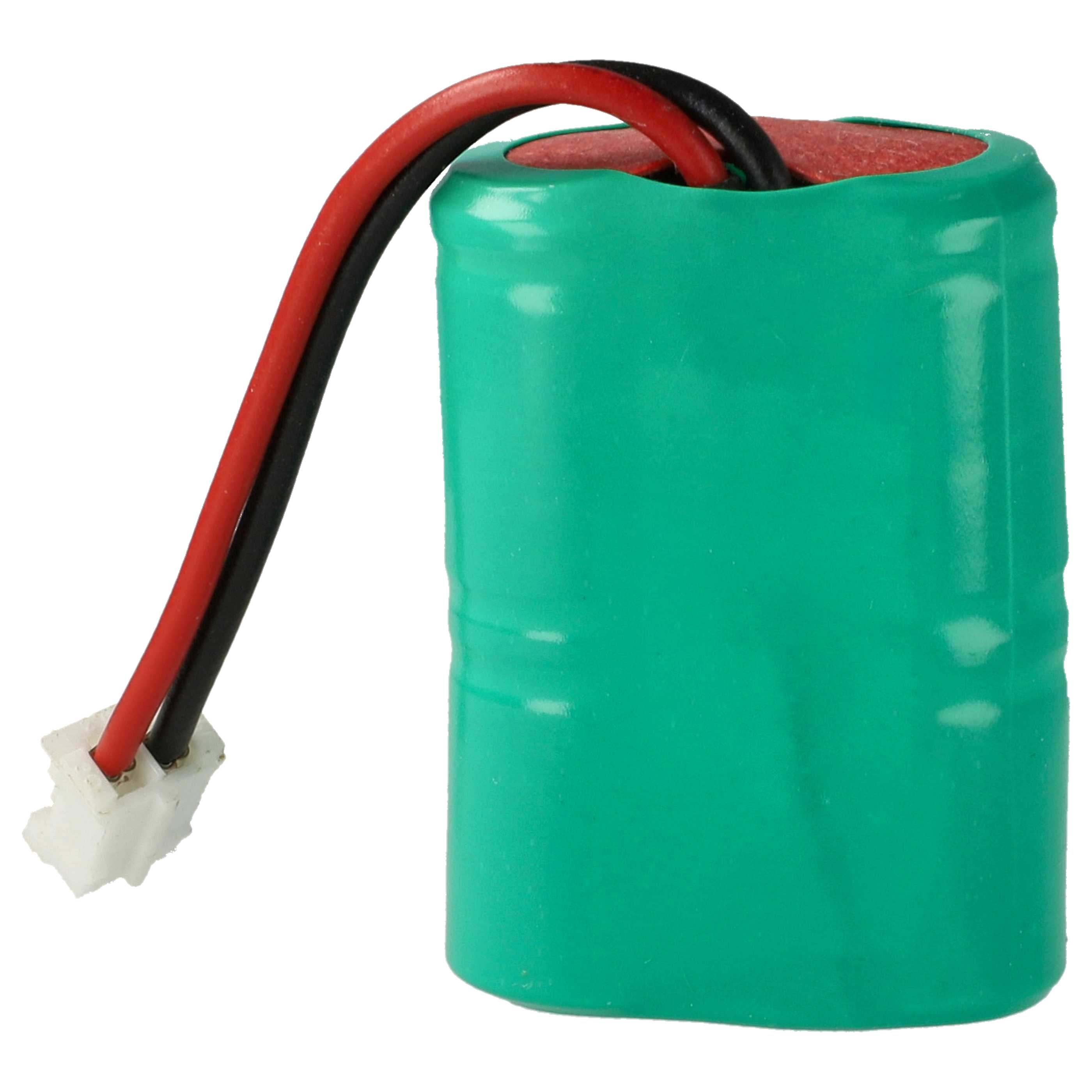 Grüne zylindrische Batterie mit schwarzen und roten Drähten und einem weißen Stecker.