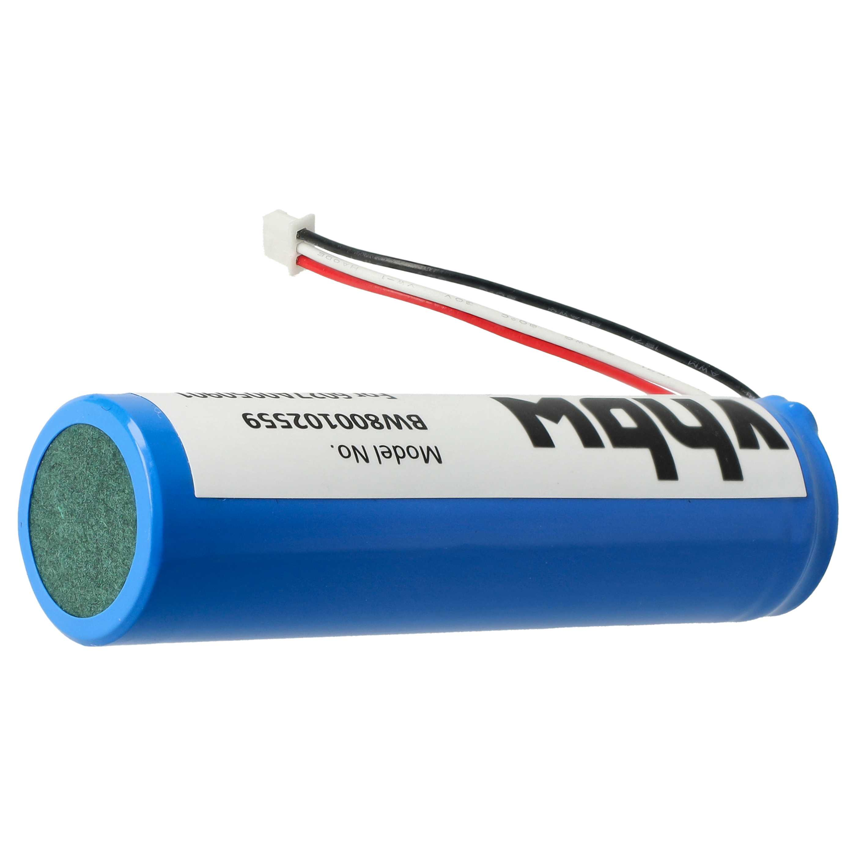 Eine blaue zylindrische Batterie mit weißem Etikett und Drähten, die sich von oben erstrecken.