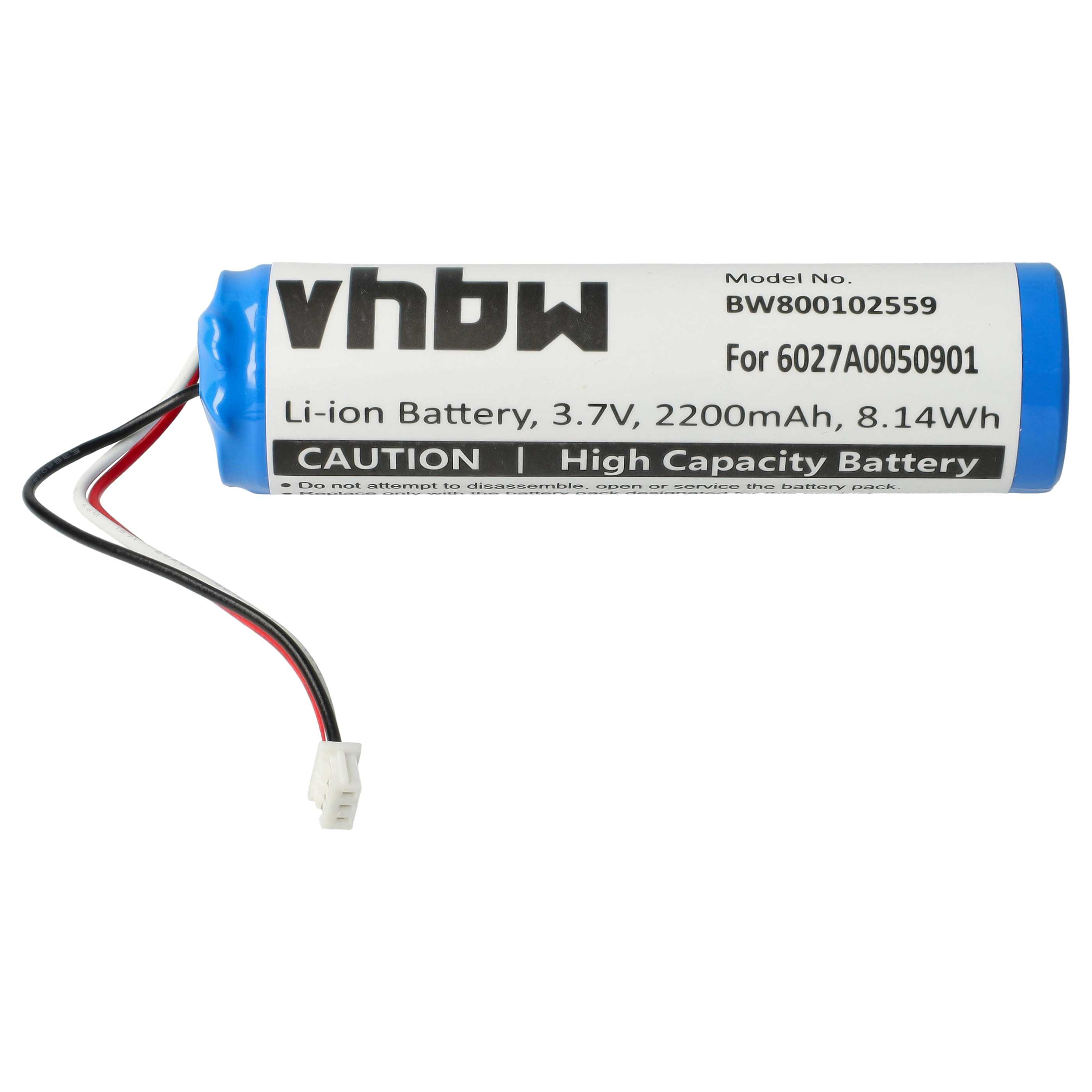 Eine zylindrische blaue und weiße Batterie mit schwarzen und roten Drähten. Sie hat schwarzen Text und sagt 'High Capacity Battery'.