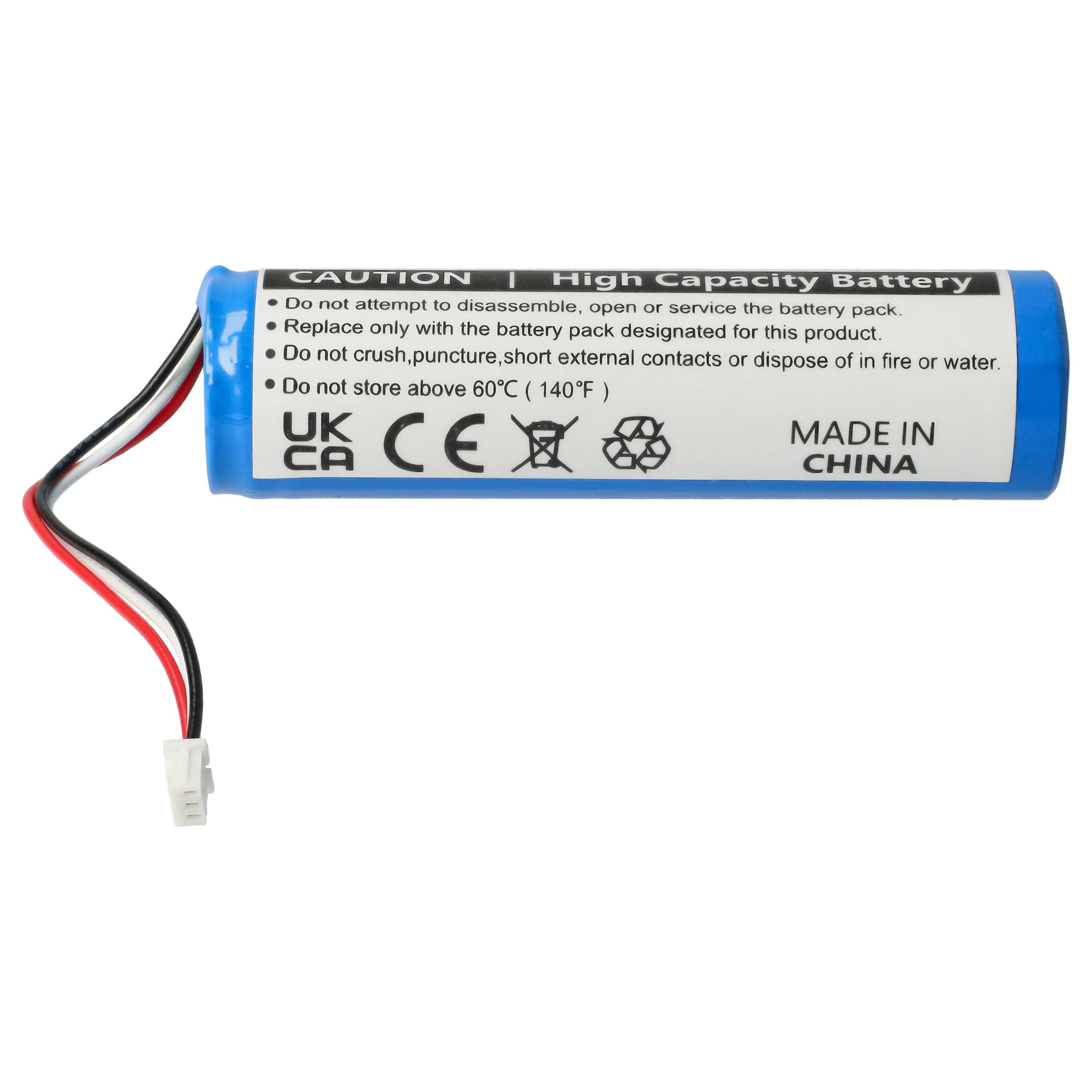 Blaue Batterie mit Warnhinweisen und angeschlossenen roten, schwarzen und weißen Drähten.