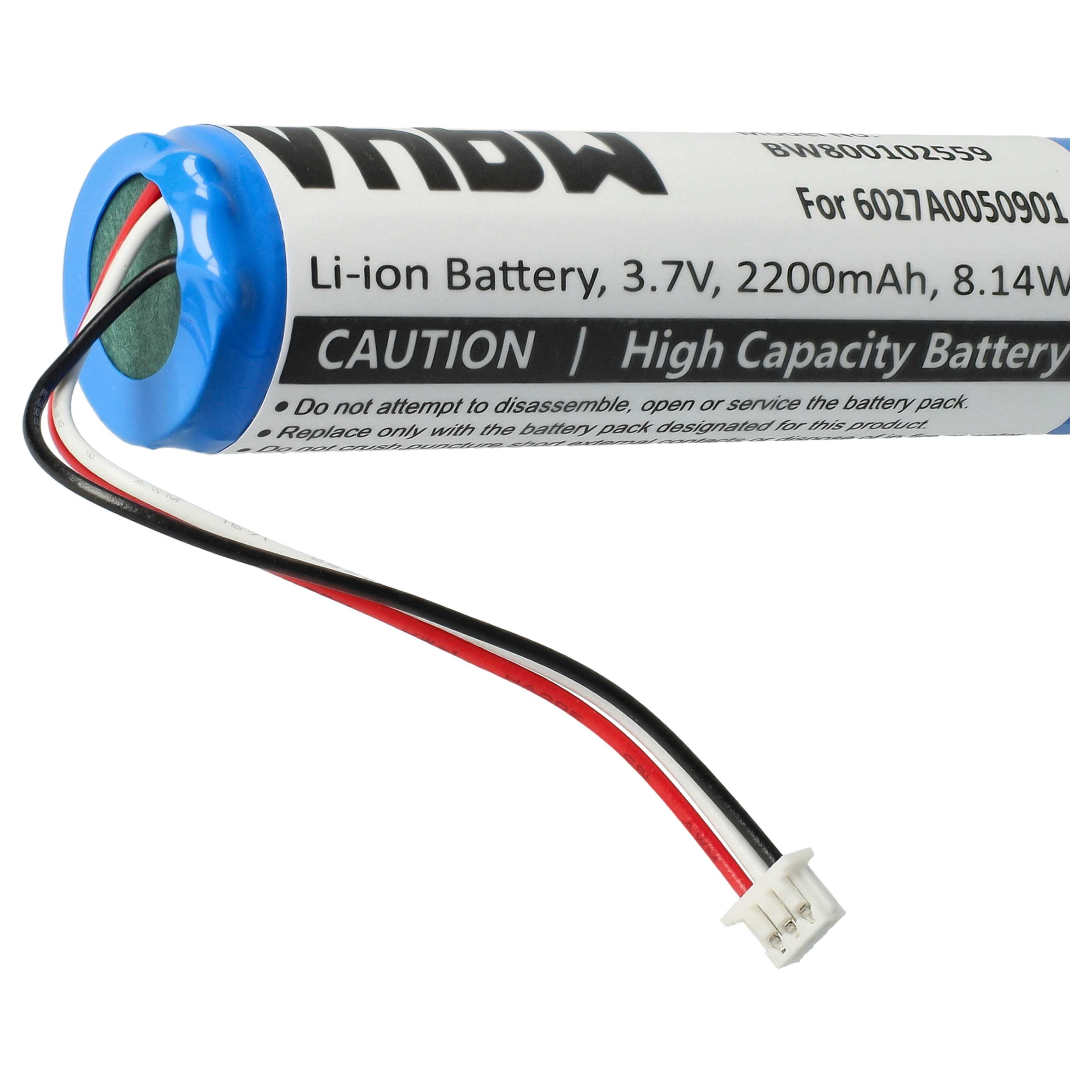 Eine Li-Ionen-Batterie mit schwarzen, weißen und roten Drähten, die an einen Stecker angeschlossen sind.